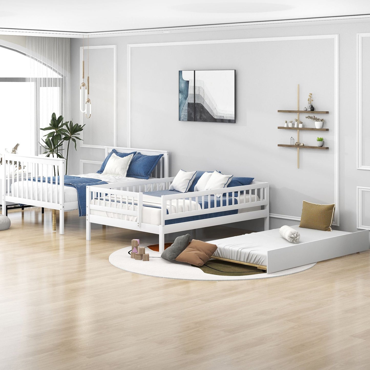 Space-Saving Full Over Full Wood Bunk Bed with Trundle and Staircase, Gray and White | Just Better Bunk Beds