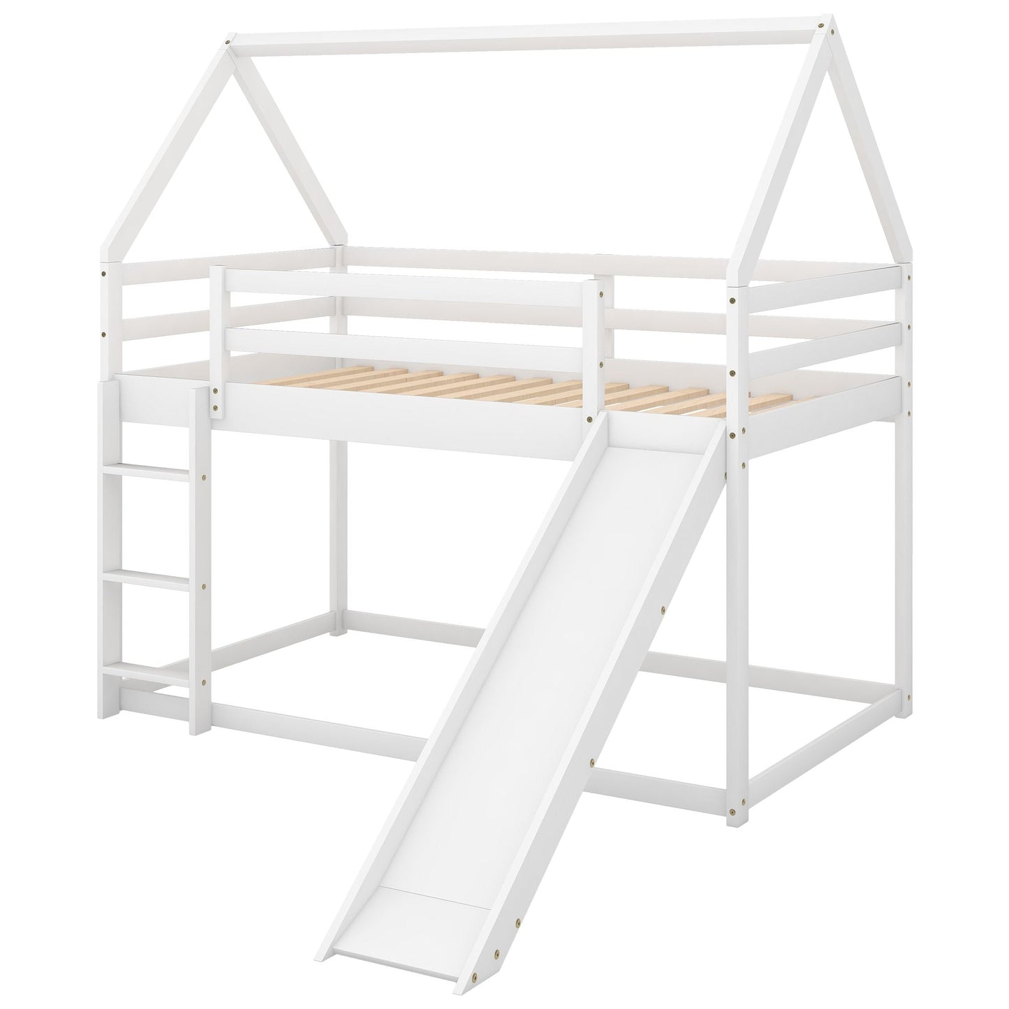 Kids Bedroom Twin Wood Bunk House Bed with Slide and Ladder, White | Just Better Bunk Beds