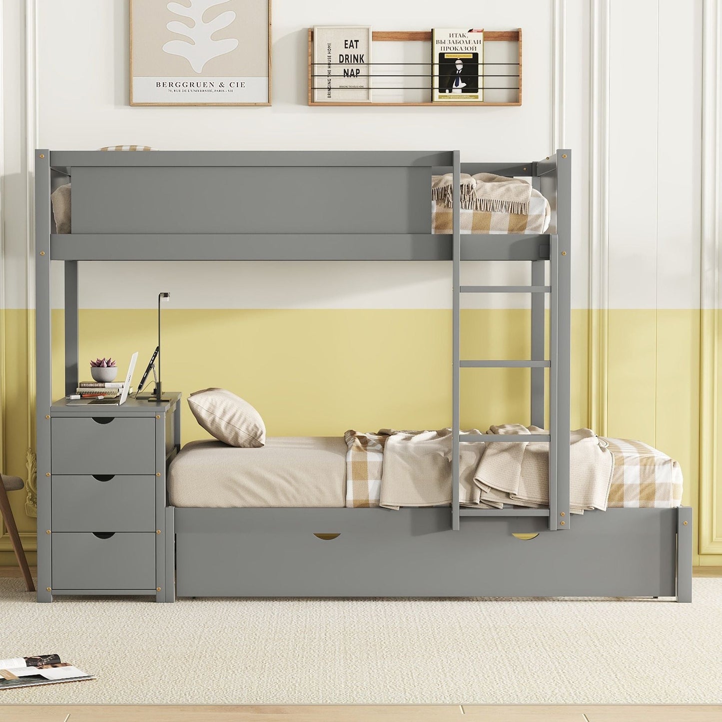 Space-Saving Twin Over Twin Wood Bunk Bed with Twin Trundle, Storage, Desk, Gray | Just Better Bunk Beds