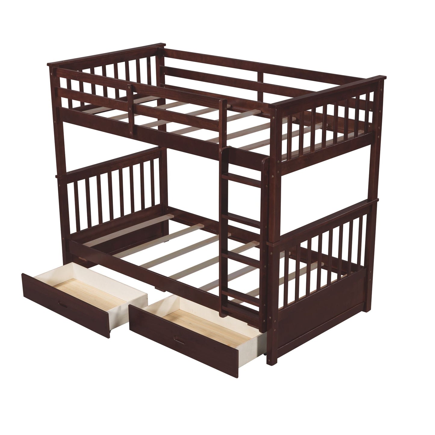 Storage-Enhanced Twin Over Twin Wood Bunk Bed with Ladders, Two Drawers, White | Just Better Bunk Beds