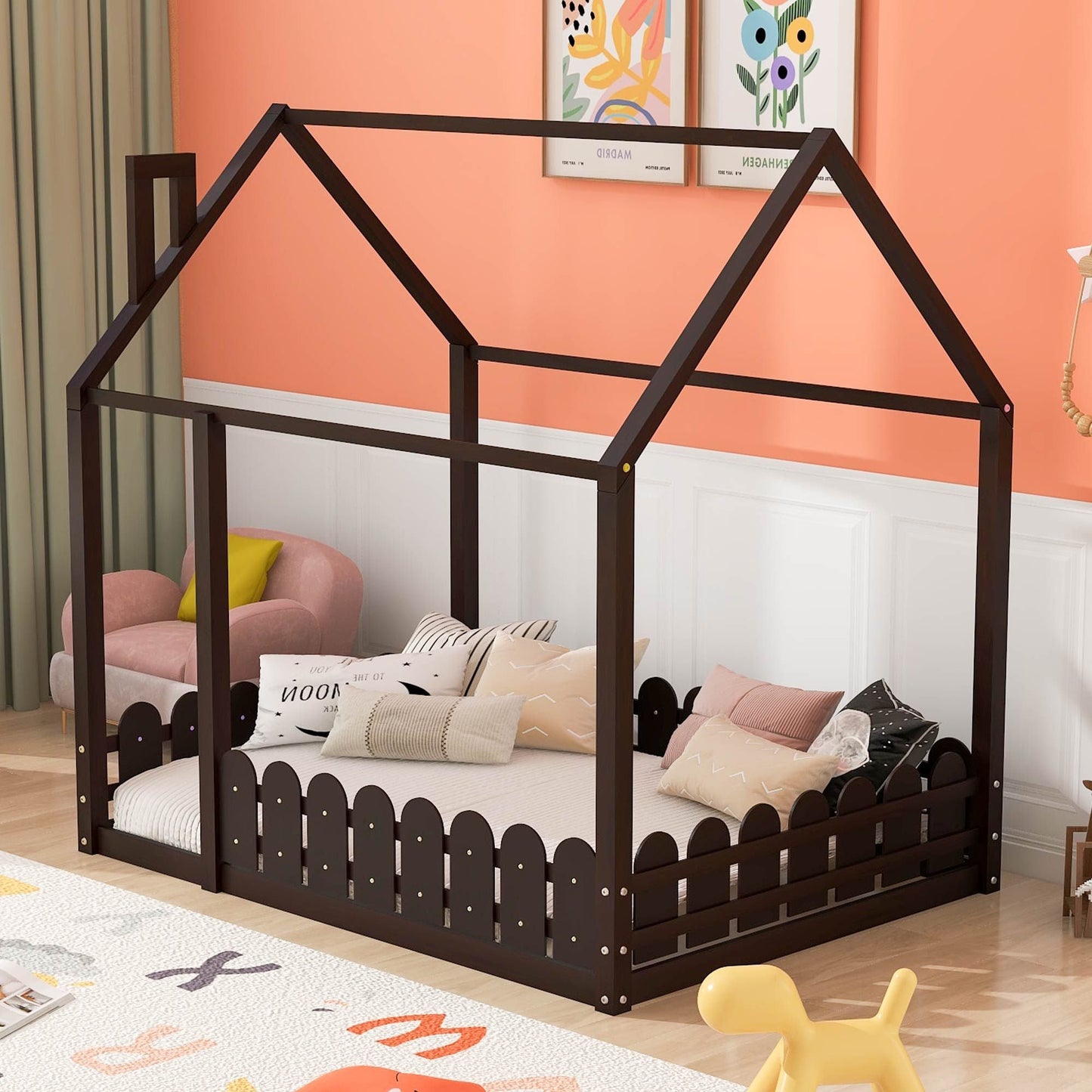 Kids Bedroom Full Wood Bed Frame with Protective Fence, White | Just Better Bunk Beds