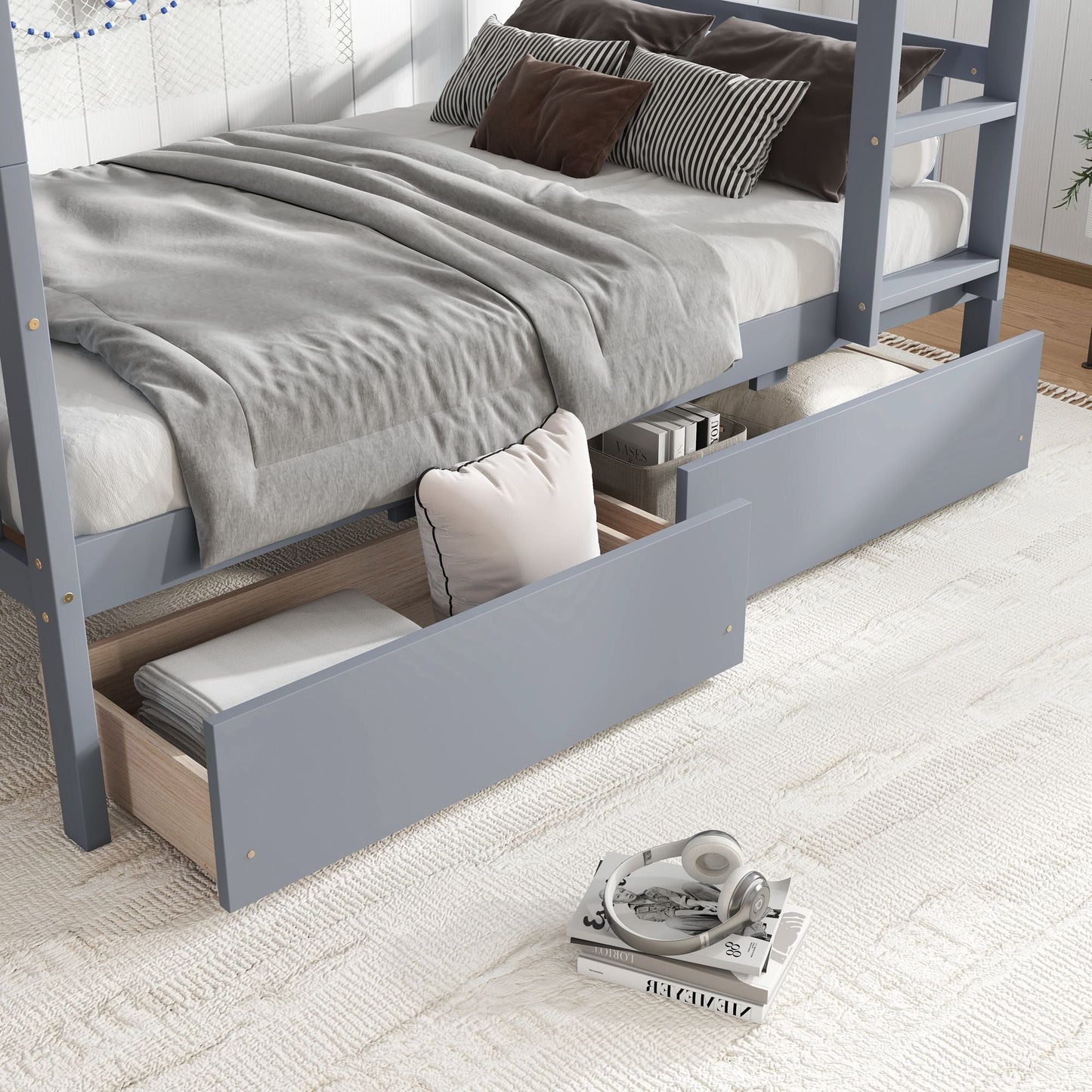 Convertible Twin Over Twin Rubber Wood Bunk Bed with 2 Drawers, Ladder, Safety Guardrails, Gray | Just Better Bunk Beds