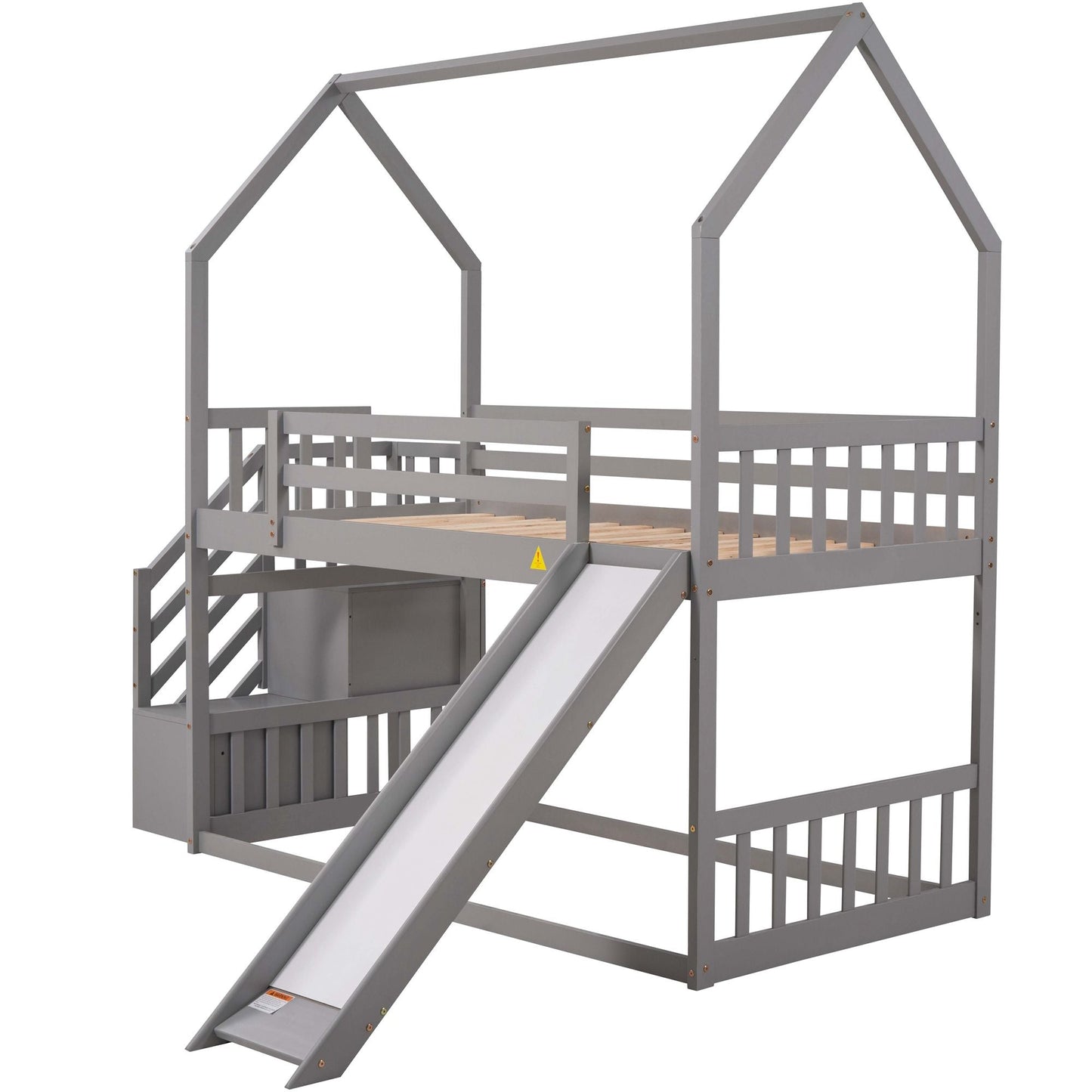 House-Style Twin Over Twin Wood Bunk Bed with Convertible Slide and Storage Staircase, Gray | Just Better Bunk Beds