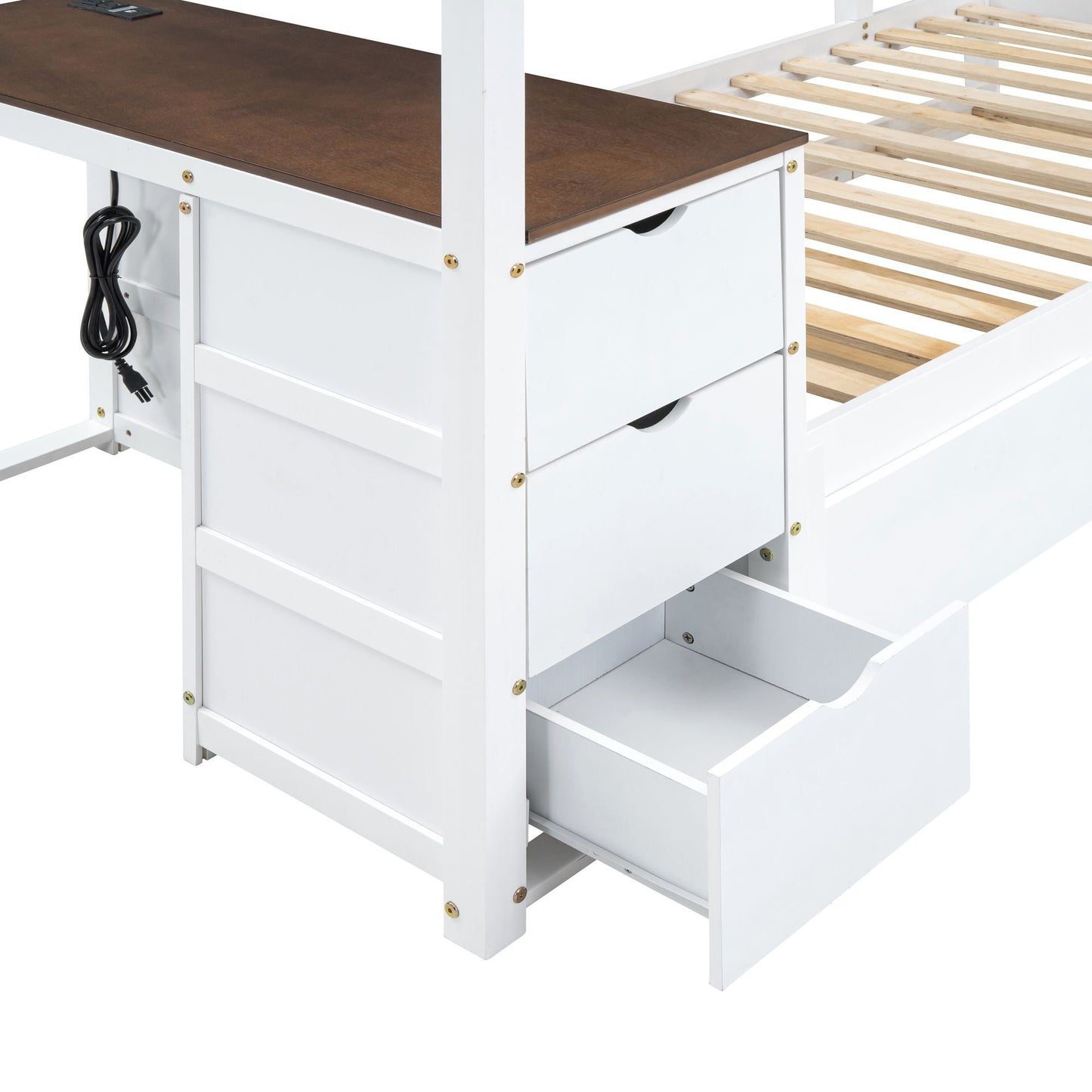 Multi-Functional Twin Over Twin Wood Bunk Bed with Trundle, Storage and Desk, White Walnut | Just Better Bunk Beds
