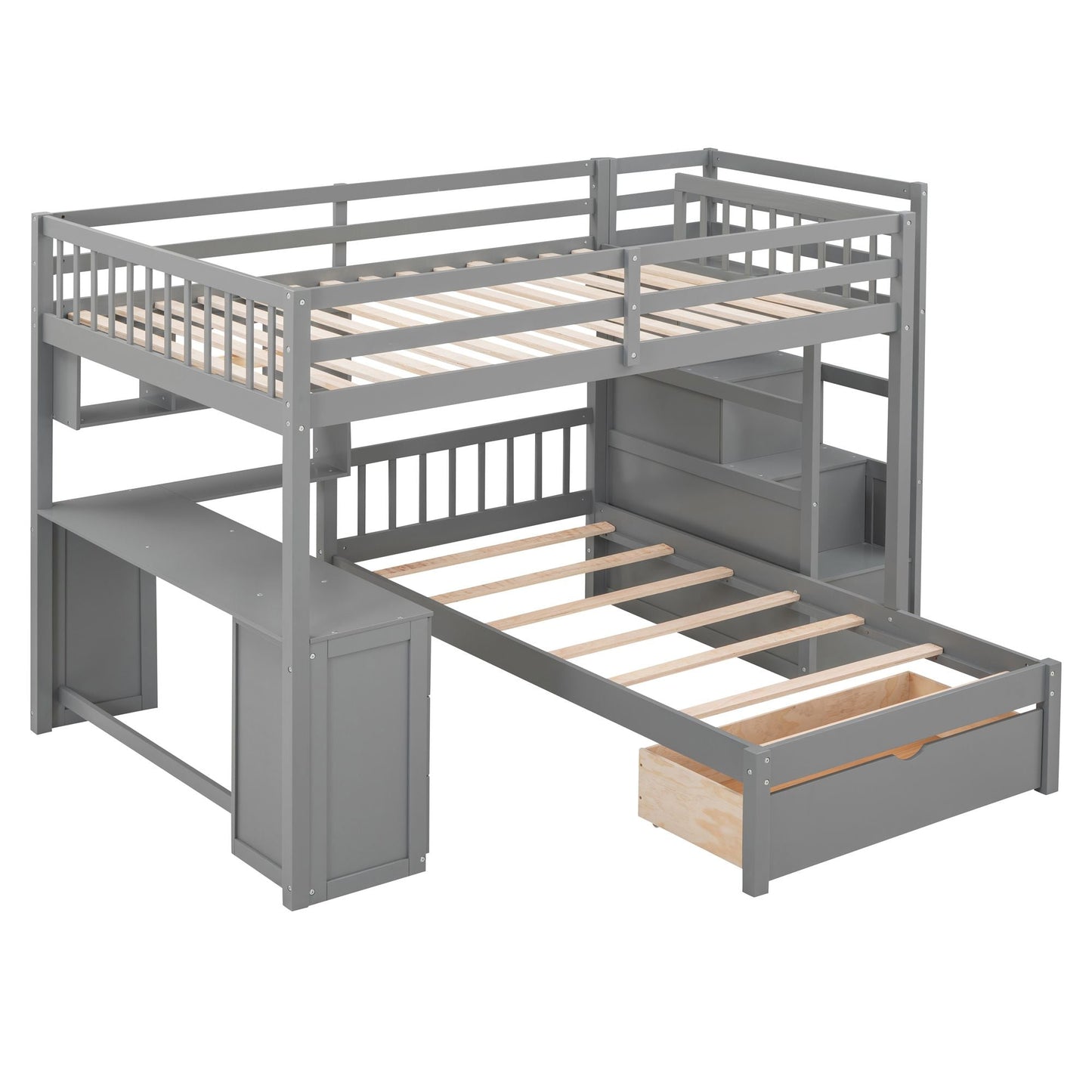 Shared Room Solution Full Over Twin Wood Bunk Bed with Desk, Drawers and Shelves, Gray | Just Better Bunk Beds