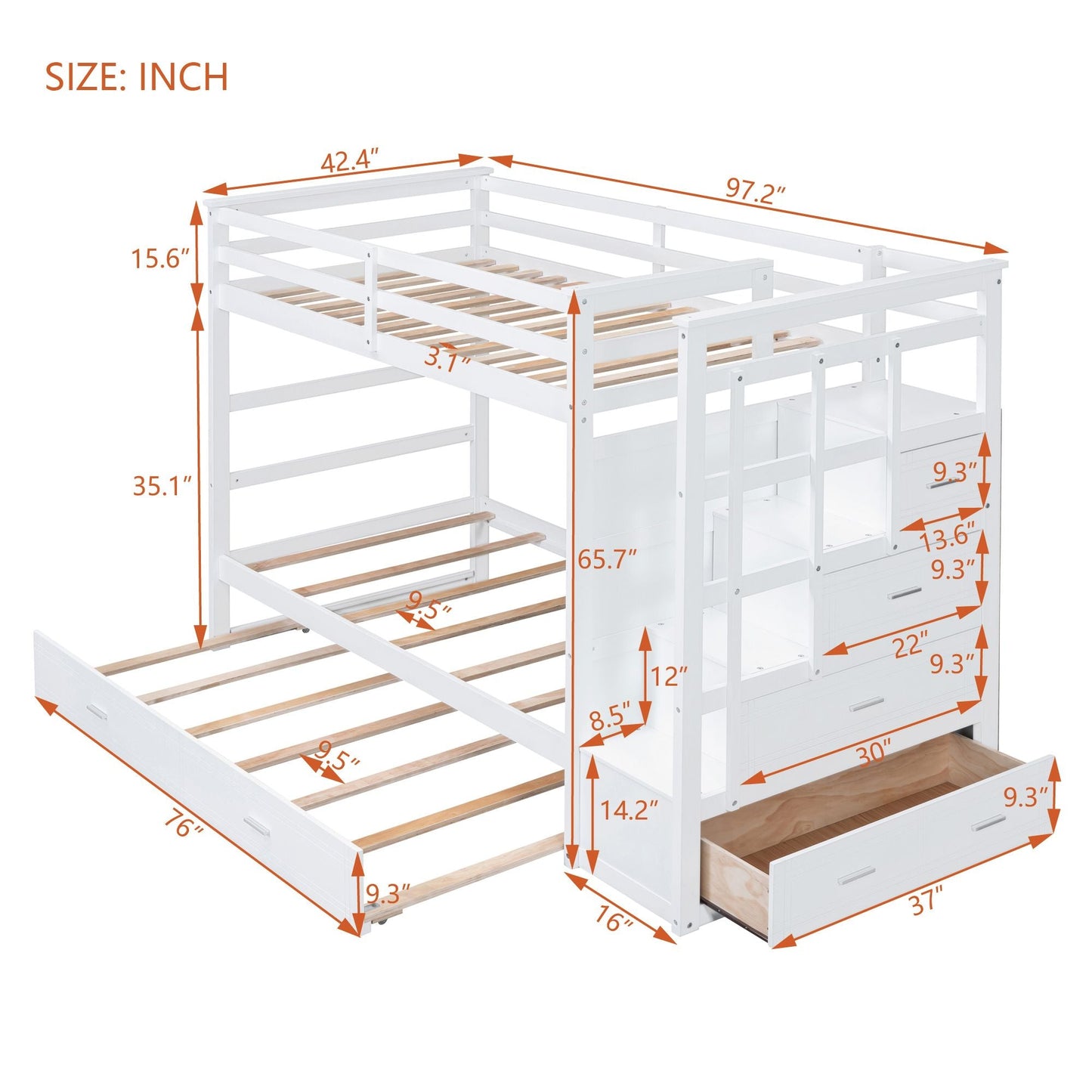 Shared Room Solution Twin Over Twin Wood Bunk Bed with Trundle and Staircase, White | Just Better Bunk Beds
