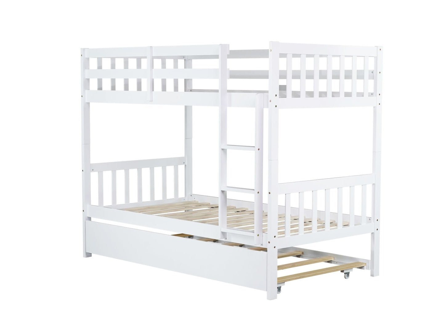 Space-Saving Twin Over Twin Rubber Wood Bunk Bed with Trundle, Convertible Beds, Ladder, Guardrails, White | Just Better Bunk Beds
