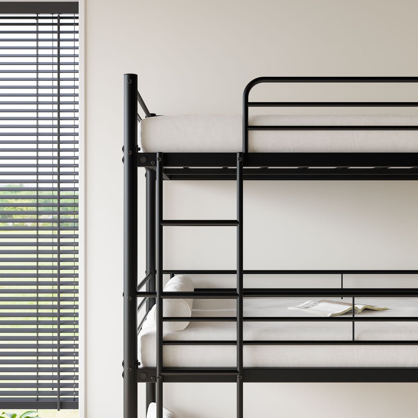 Heavy-Duty Triple Twin Over Twin Over Twin Metal Bunk Bed with Platform Frame and Guard Rail, Black | Just Better Bunk Beds