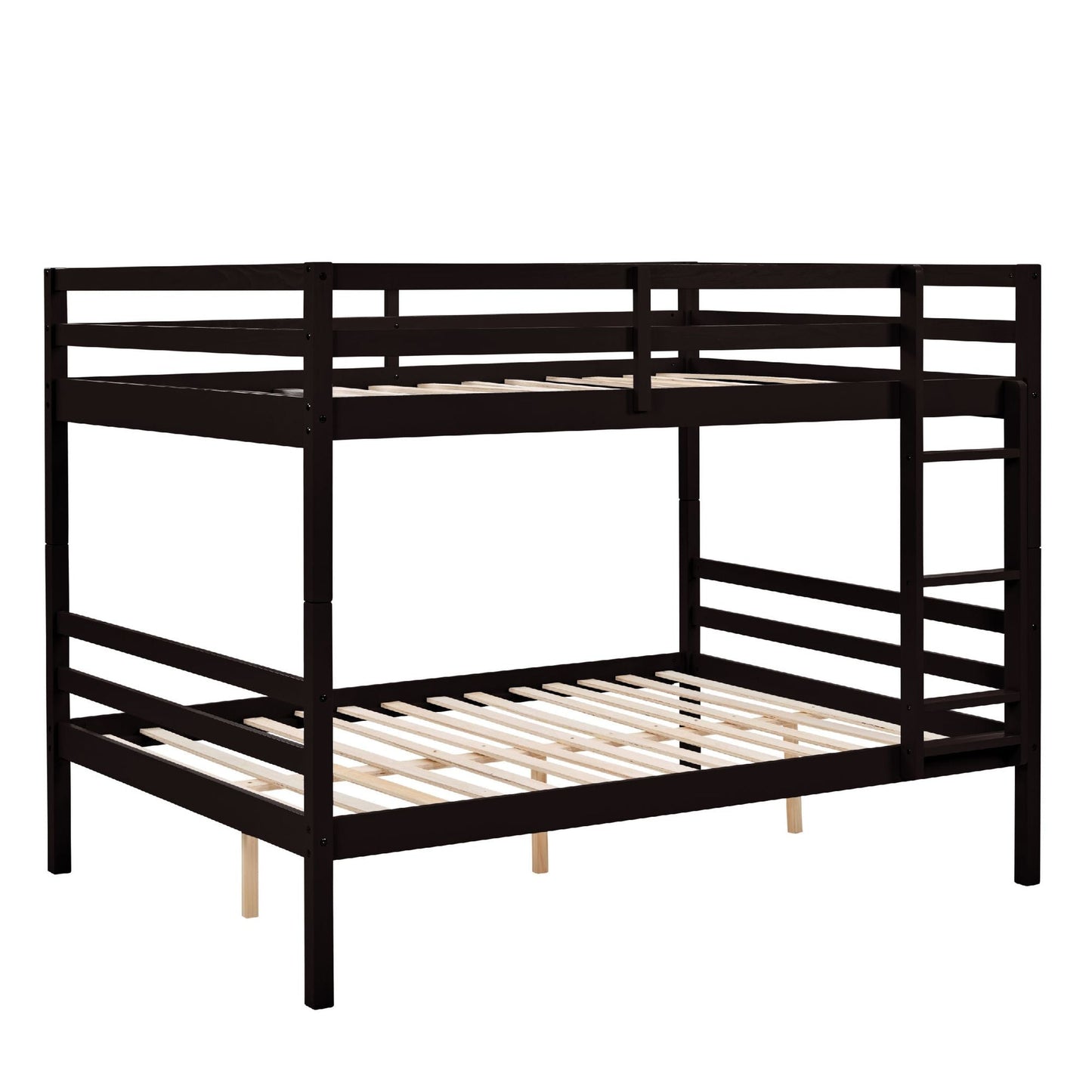 Dorm Room Full Over Full Wood Bunk Bed with Ladder and Guardrail, Espresso | Just Better Bunk Beds