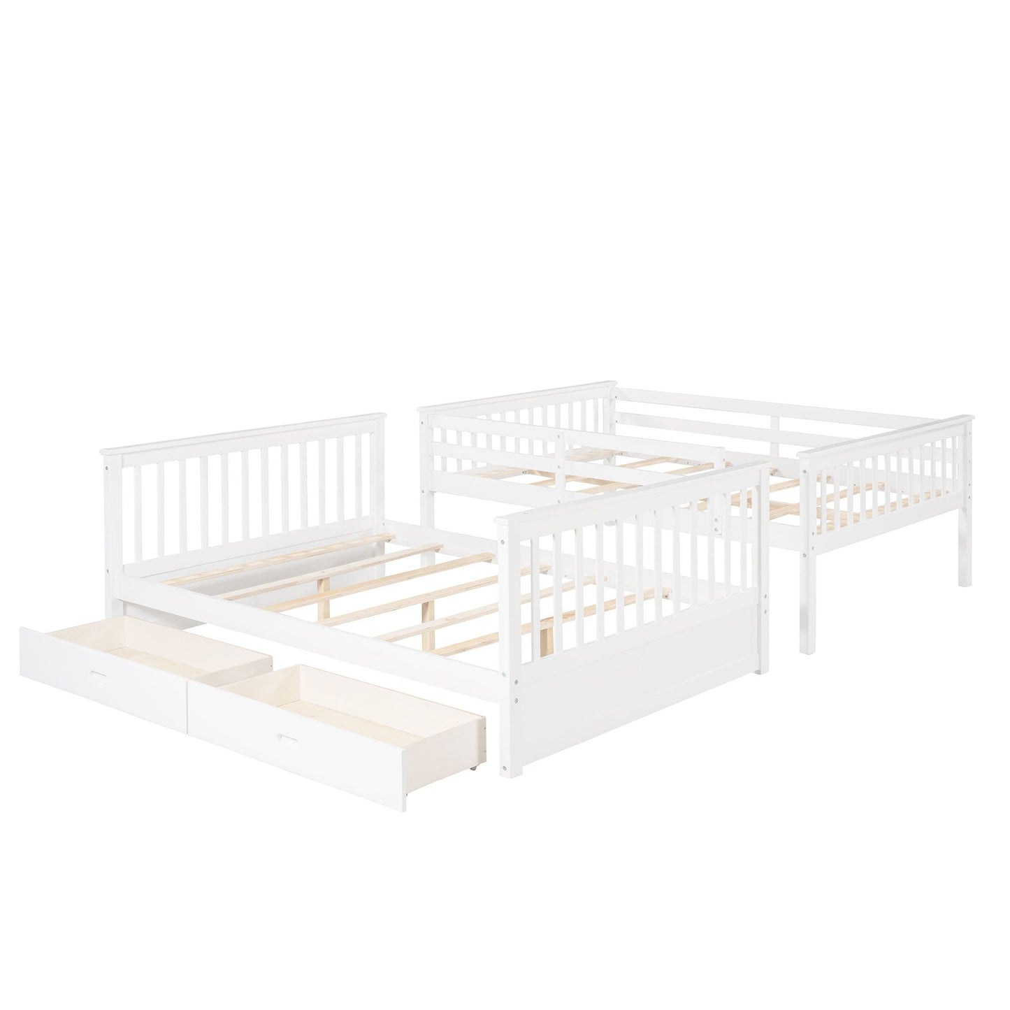 Spacious Full Over Full Wood Bunk Bed with Ladders and Two Storage Drawers, White | Just Better Bunk Beds