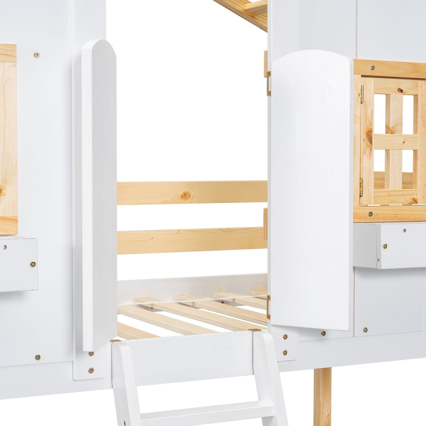 House-Style Twin Over Twin Wood Bunk Bed with Roof, Window, Door, and Ladder, Multiple Colors | Just Better Bunk Beds