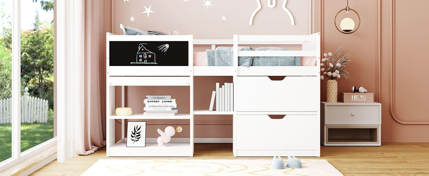 Space-Saving Twin Low Loft Wood Bed with Rolling Desk, Shelf, Drawers, White | Just Better Bunk Beds