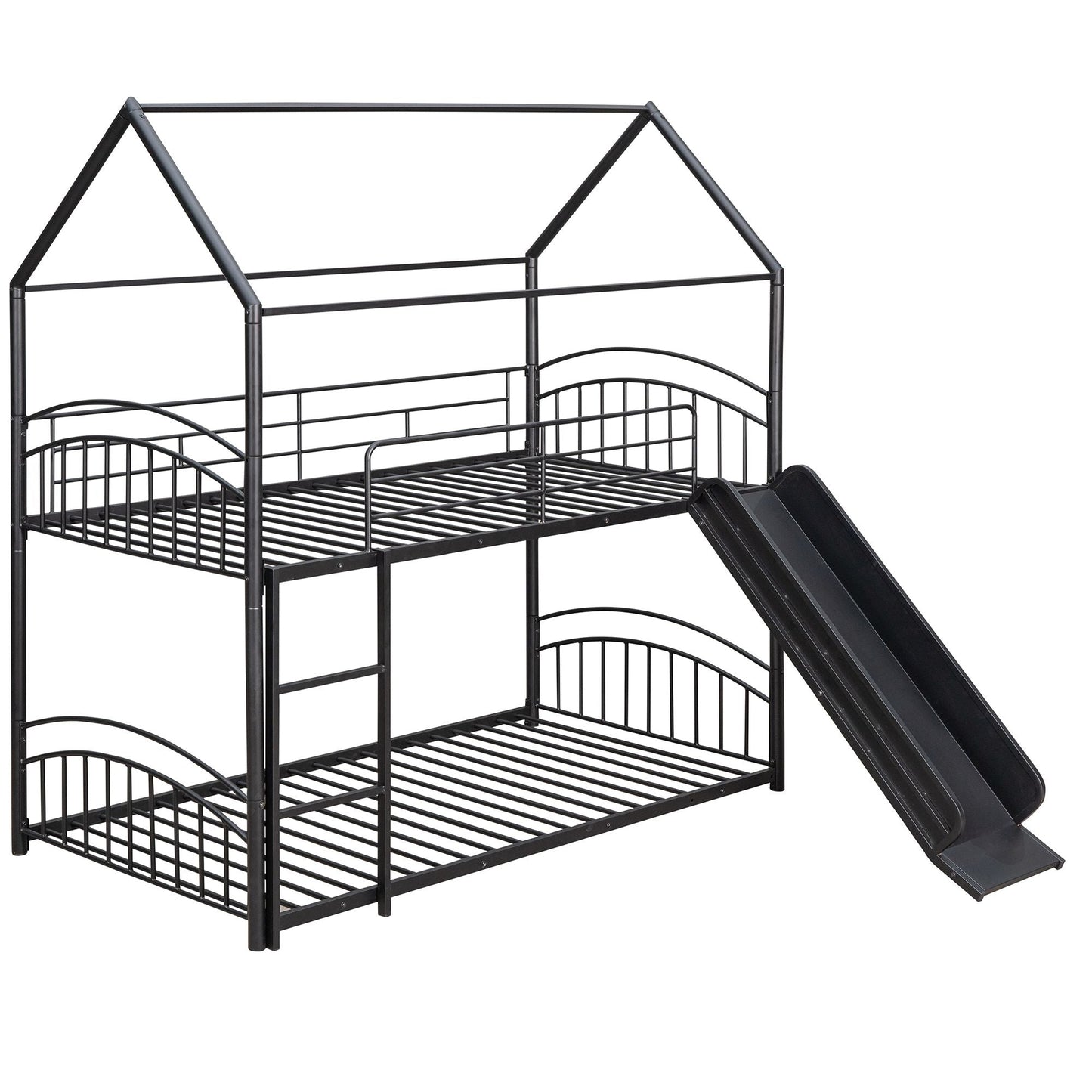 Kids Bedroom Twin Over Twin Metal Bunk Bed with Slide, Black | Just Better Bunk Beds