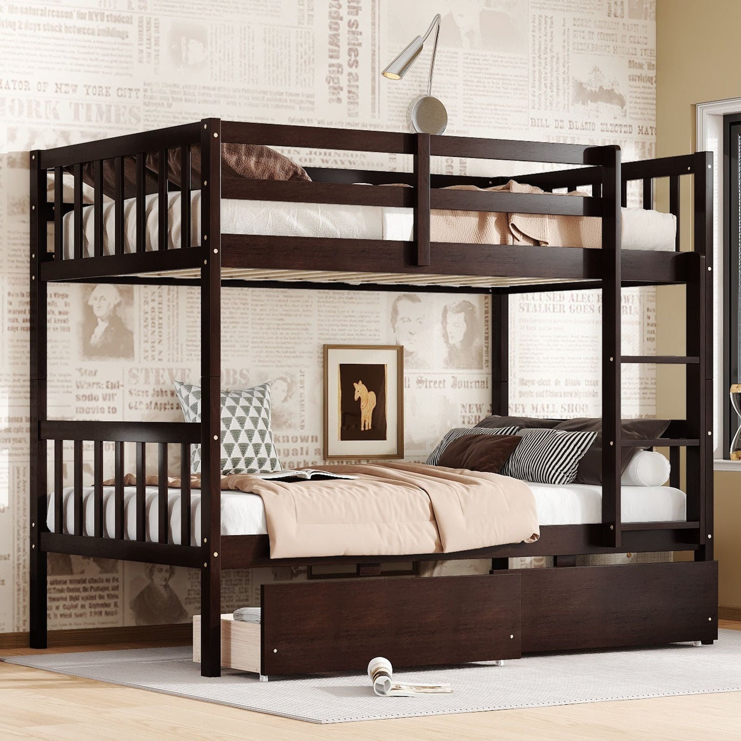 Convertible Twin Over Twin Rubber Wood Bunk Bed with 2 Drawers, Ladder, Safety Guardrails, Gray | Just Better Bunk Beds