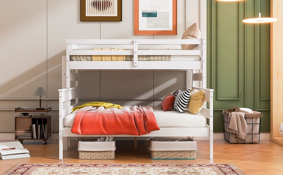 Shared Room Solution Twin XL Over Queen Wood Bunk Bed with Ladder, White | Just Better Bunk Beds