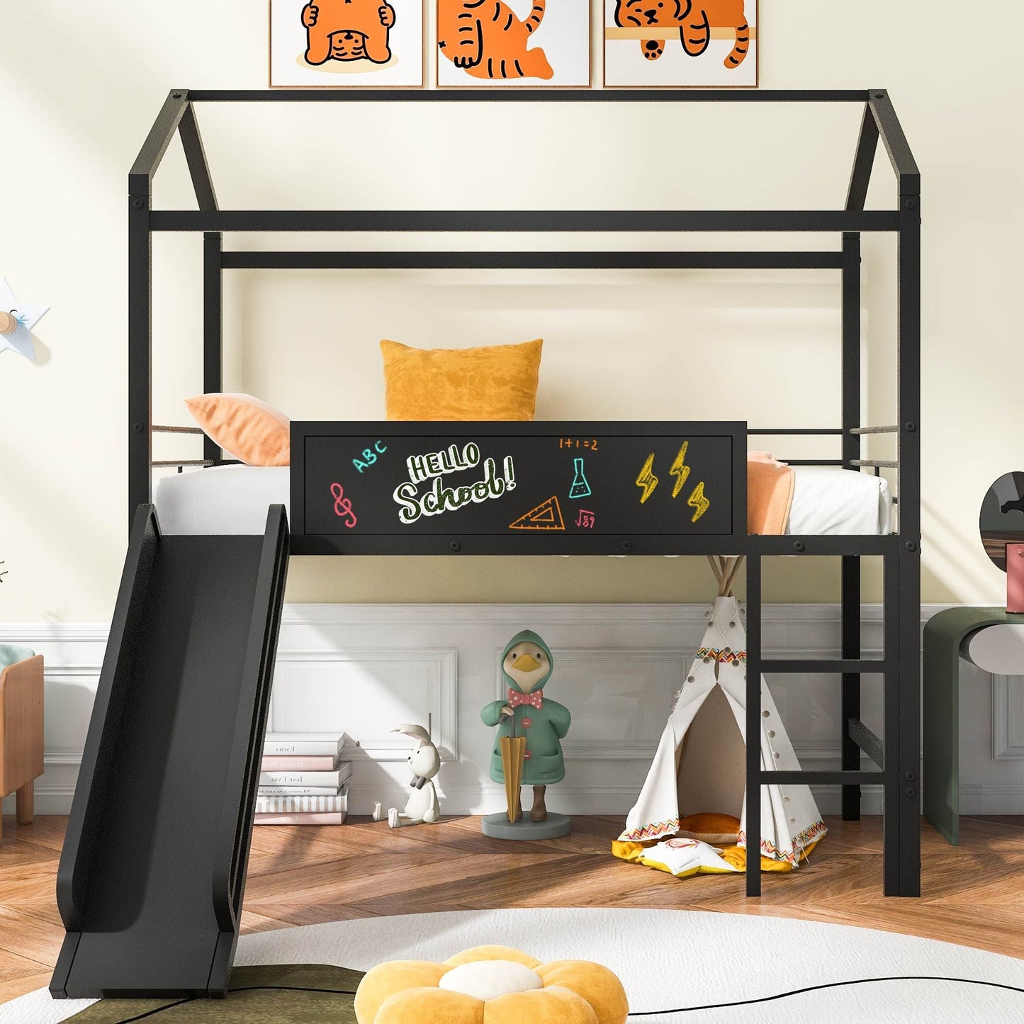 Metal House Bed With Slide,  Twin Size Metal Loft Bed with Two-sided writable Wooden Board (Black )