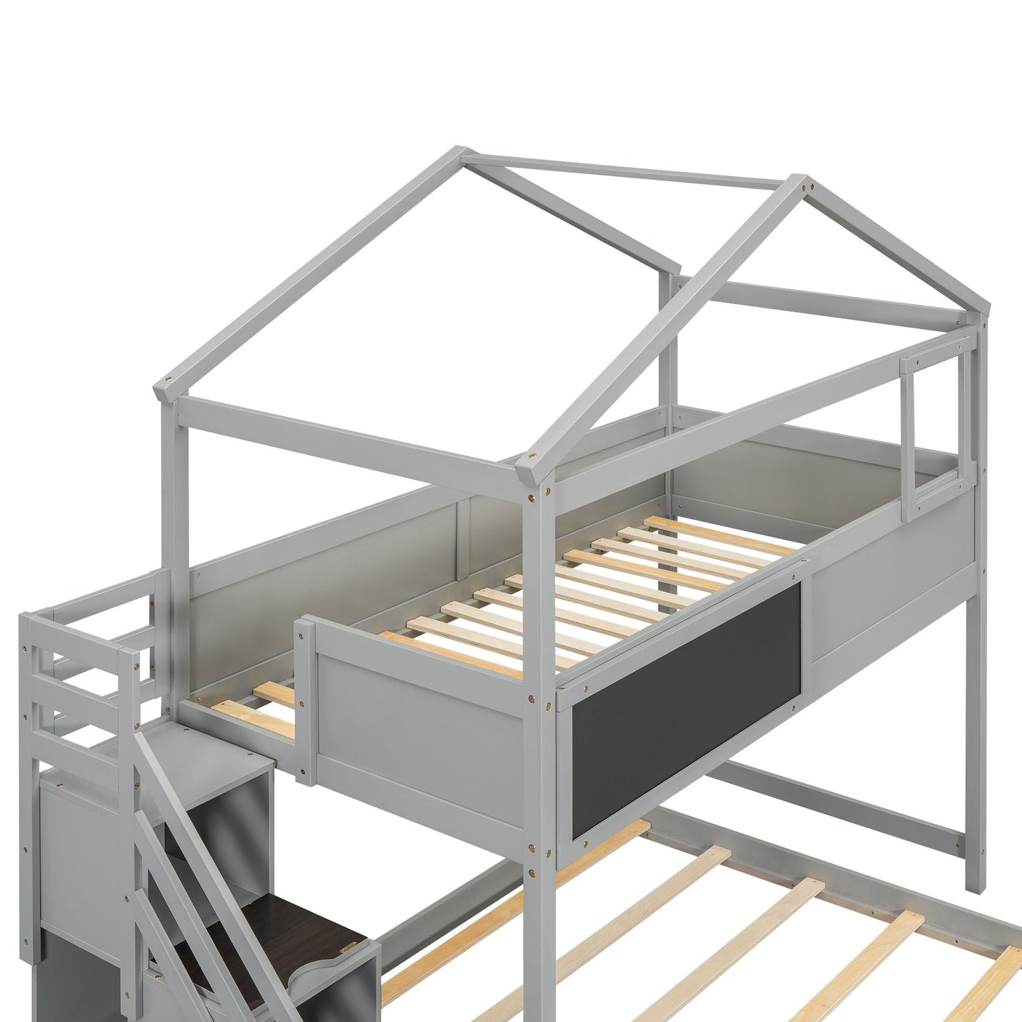 Staircase Storage Twin Over Full Wood House Bunk Bed with Blackboard, Gray and White | Just Better Bunk Beds