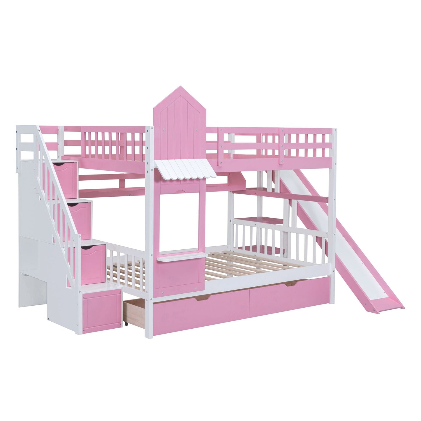 House-Style Full Over Full Wood Castle Bunk Bed with Drawers, Shelves, and Slide, Pink | Just Better Bunk Beds