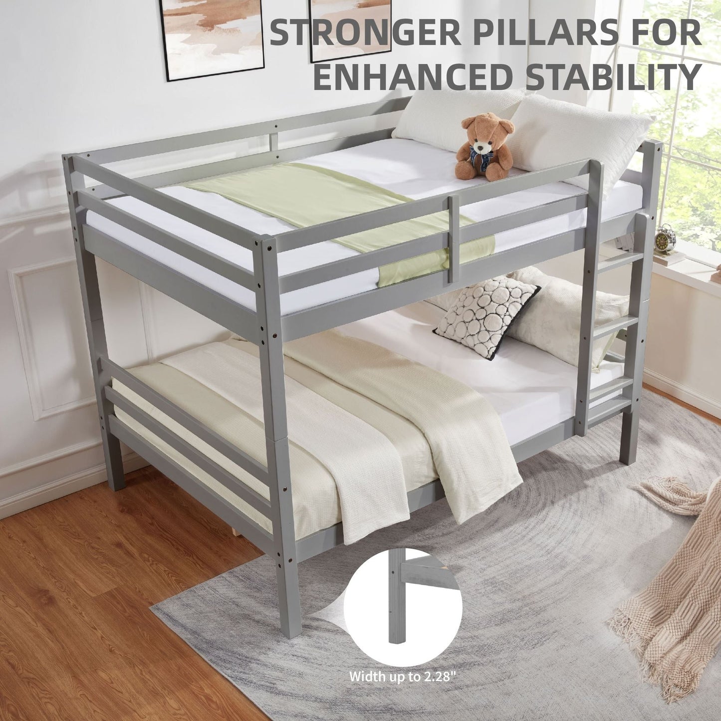 Durable Full Over Full Wood Bunk Bed with Thick Posts, High Guardrail, Ladder, Gray | Just Better Bunk Beds