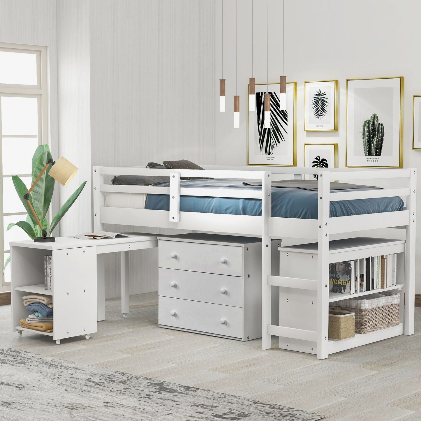 Kids Bedroom Twin Wood Loft Bed with Cabinet and Rolling Desk, White | Just Better Bunk Beds