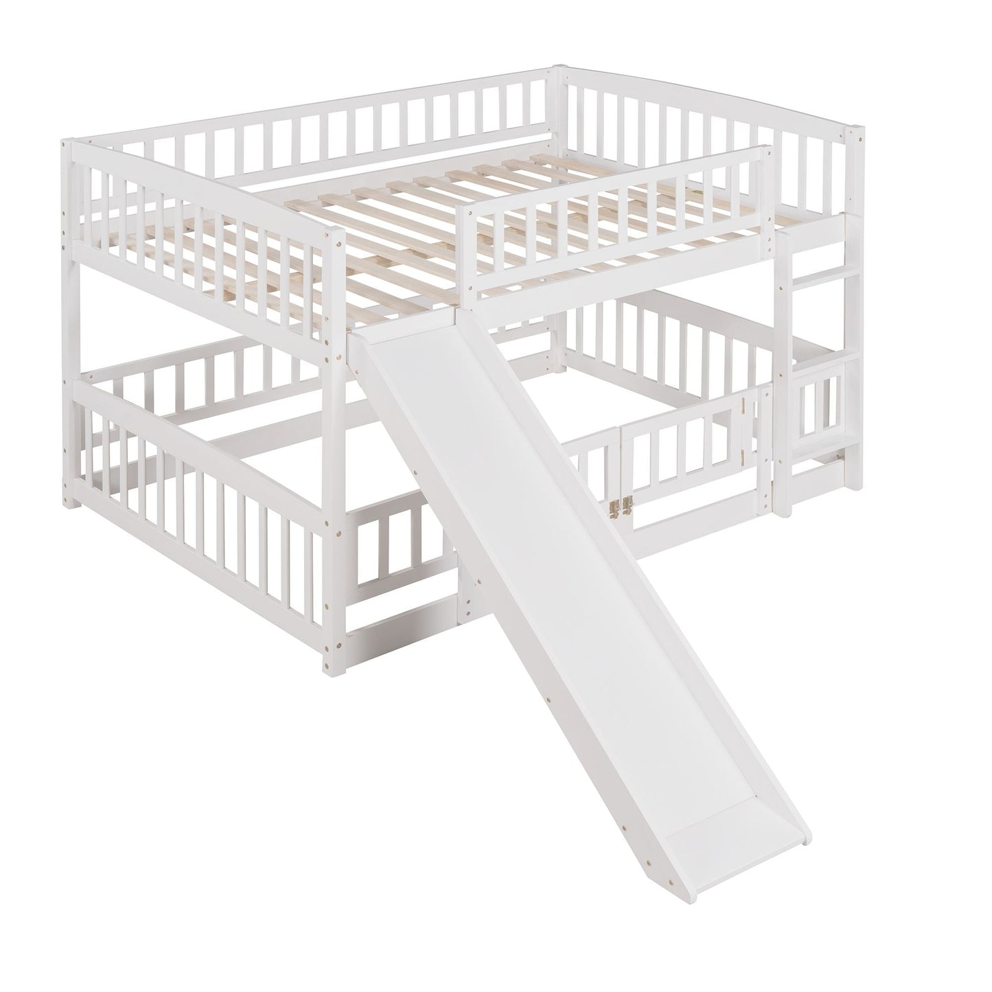 Kids Bedroom Full Over Full Wood Bunk Bed with Slide, Fence, Ladder, White | Just Better Bunk Beds
