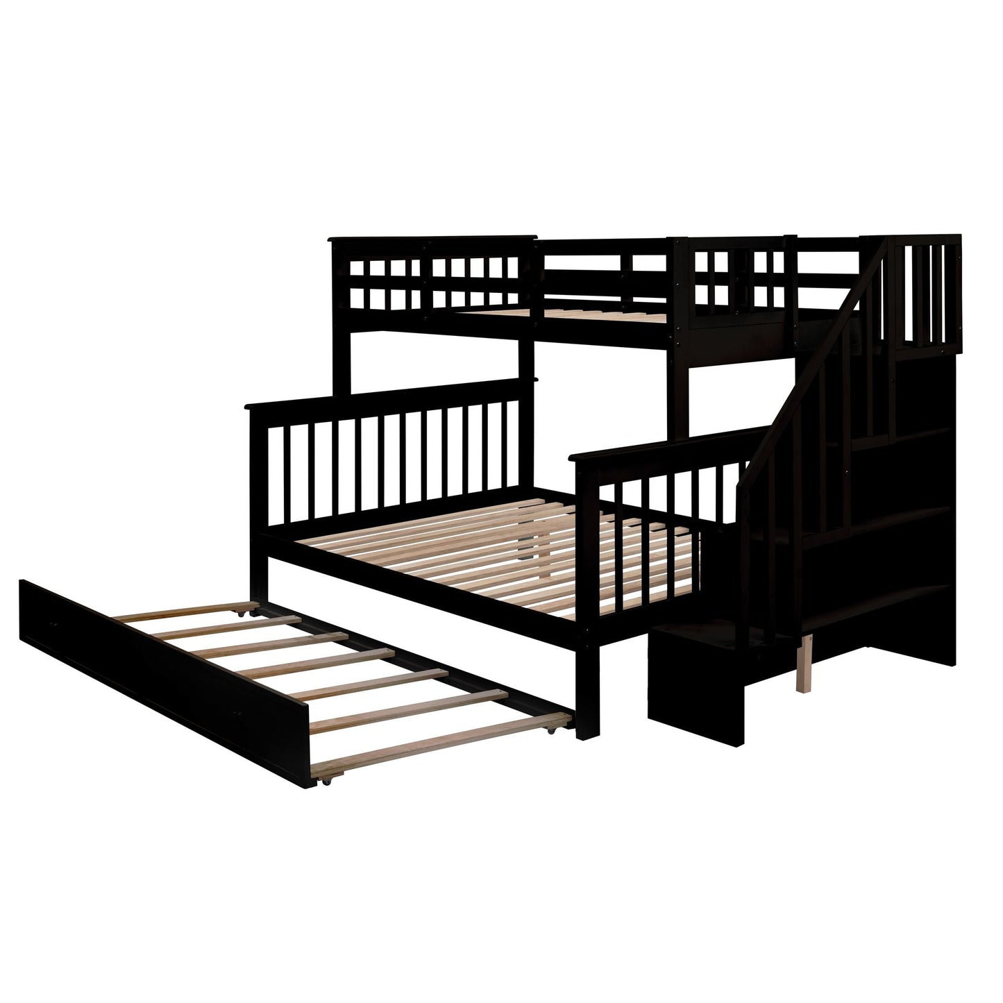 Twin-Over-Full Bunk Bed with Twin size Trundle,  Storage and Guard Rail for Bedroom,  Dorm,  for Adults,  Espresso