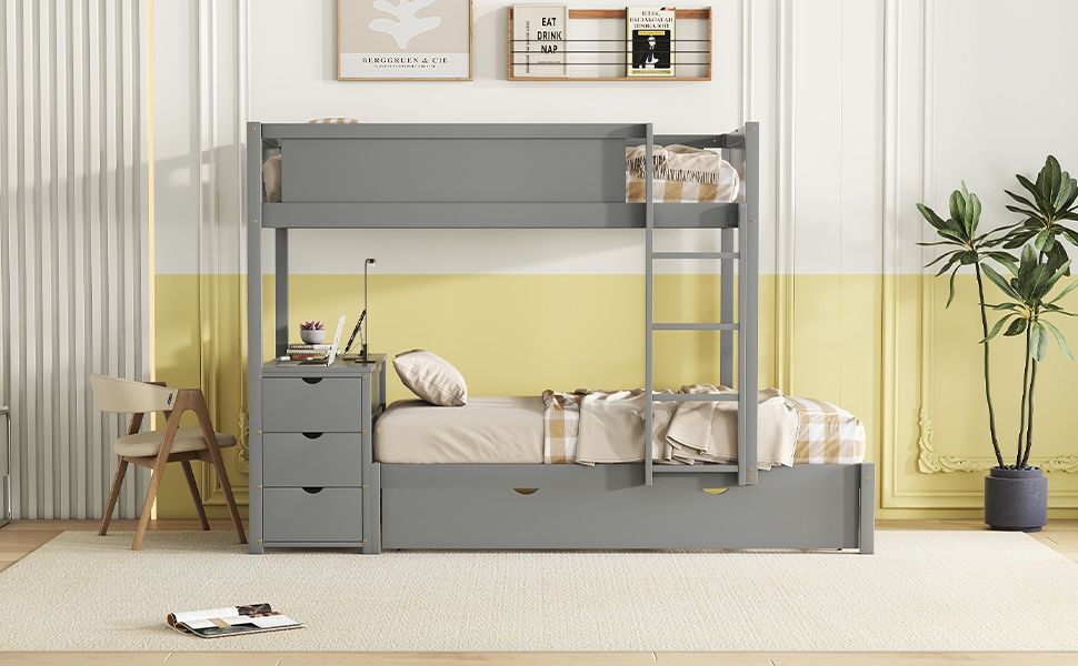 Space-Saving Twin Over Twin Wood Bunk Bed with Twin Trundle, Storage, Desk, Gray | Just Better Bunk Beds