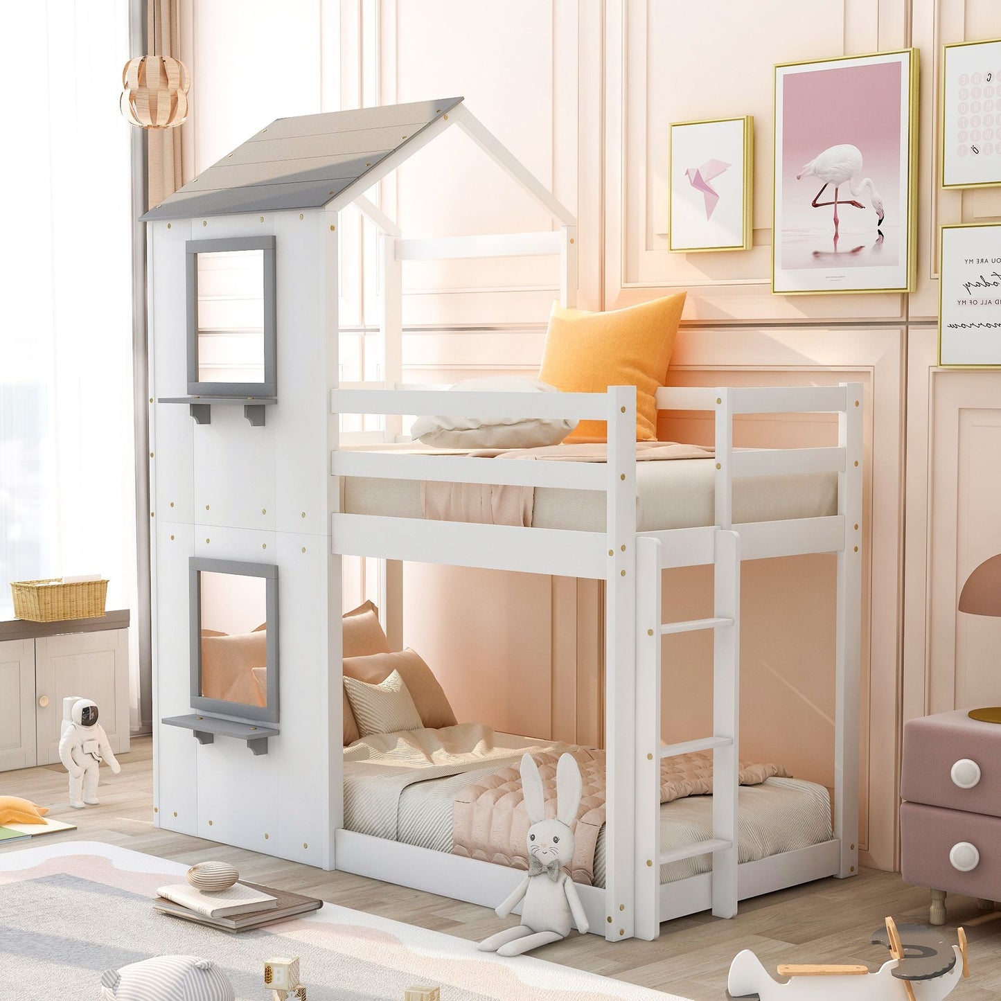 Kids Bedroom Twin Over Twin Wood Bunk Bed with Roof, Window, Guardrail, Ladder, White | Just Better Bunk Beds