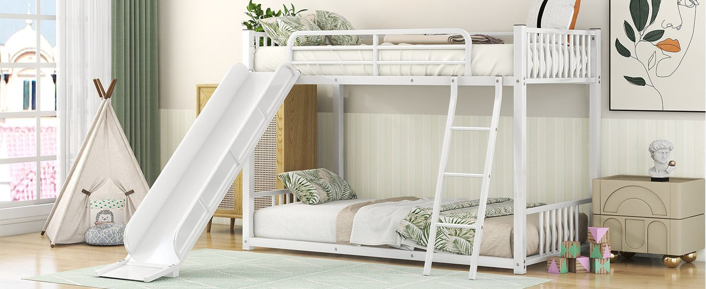 Space-Saving Metal Bunk Bed with Slide Twin Over Twin, White | Just Better Bunk Beds