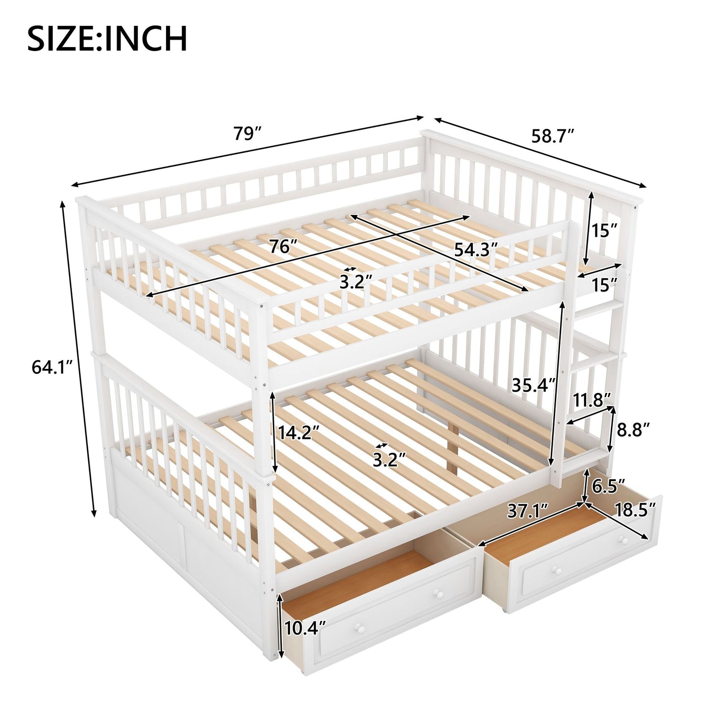 Convertible Full Over Full Wood Bunk Bed with Drawers, White | Just Better Bunk Beds