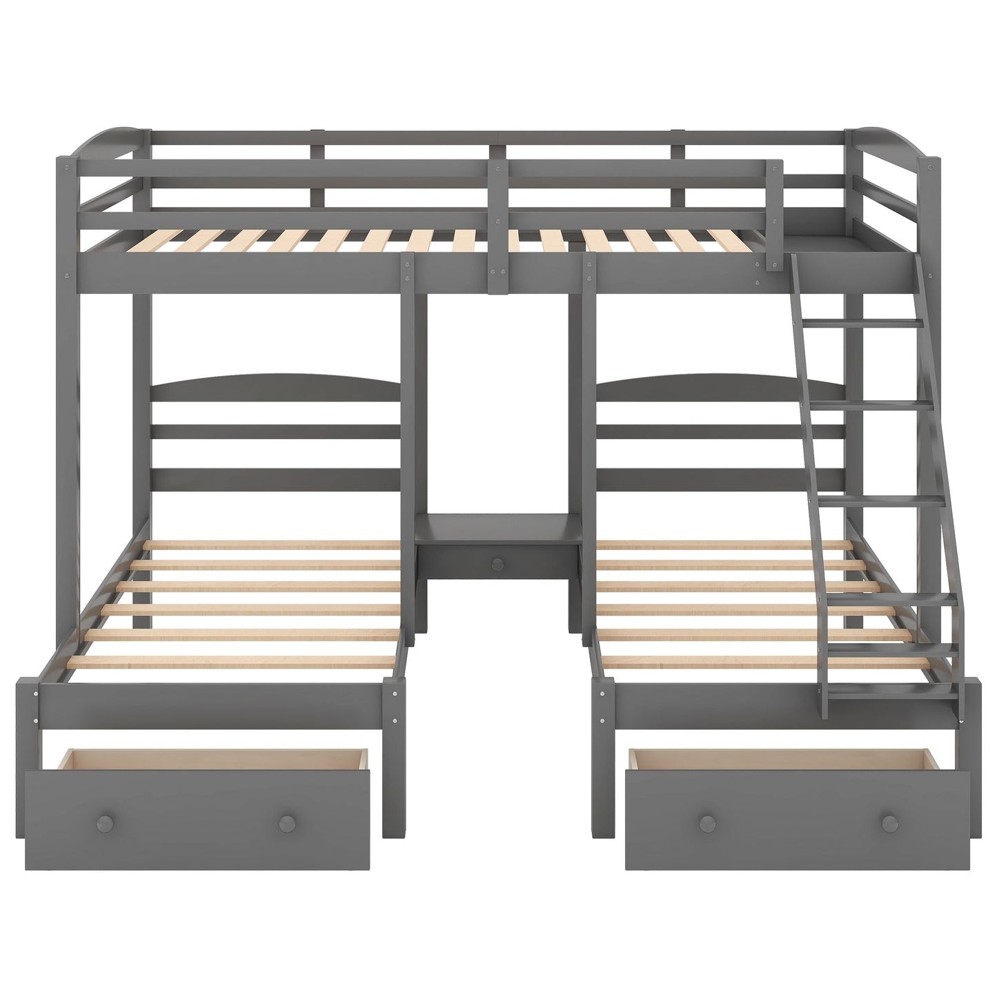 Triple Bunk Full Over Twin Over Twin Wood Bed with Drawers, Gray | Just Better Bunk Beds