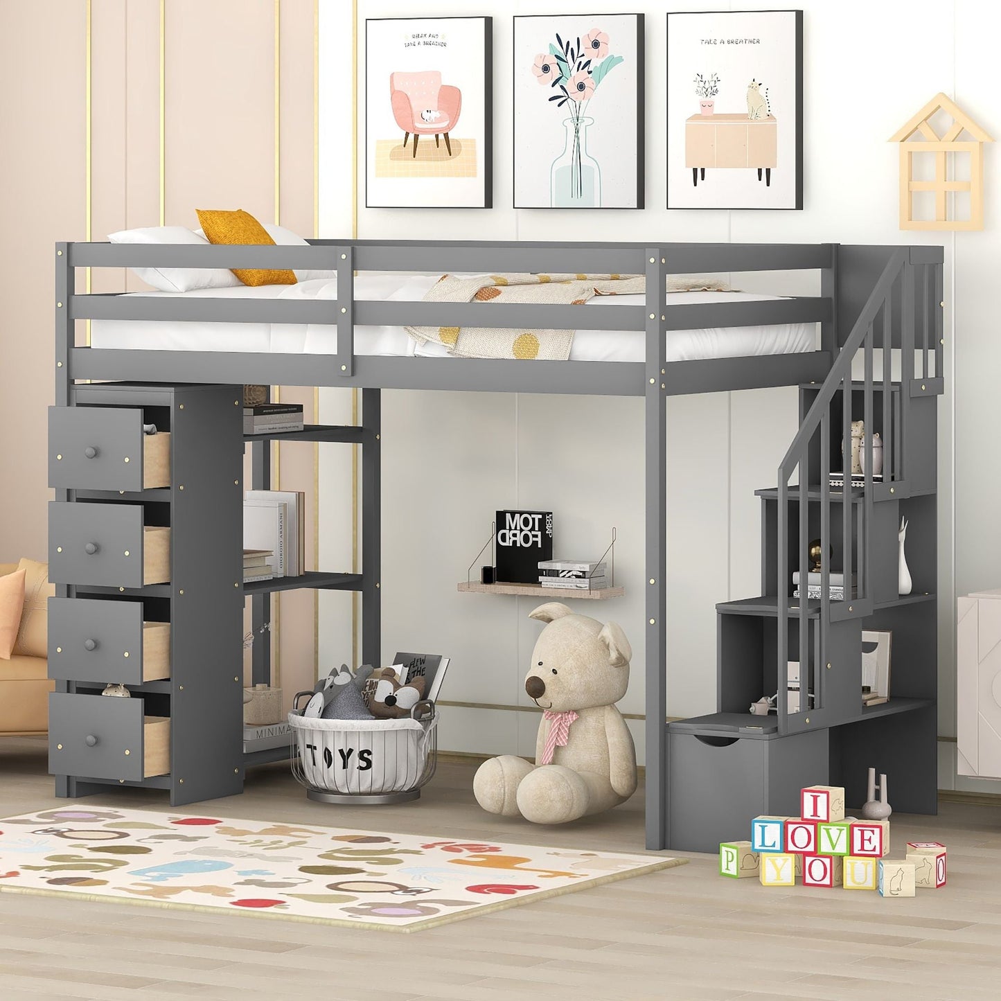 Kids Bedroom Twin Wood Loft Bed with Storage Drawers and Stairs, Espresso | Just Better Bunk Beds