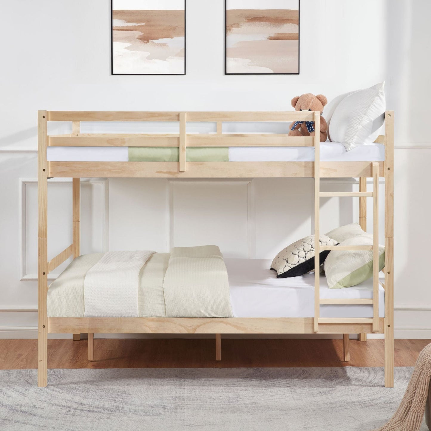 Dorm Room Full Over Full Wood Bunk Bed with Ladder and Guardrail, Natural | Just Better Bunk Beds
