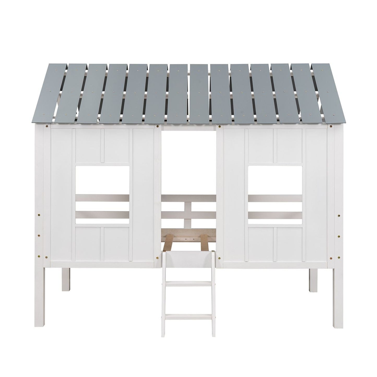 House-Style Twin Low Loft Wood Bed with Roof and Two Front Windows, White | Just Better Bunk Beds