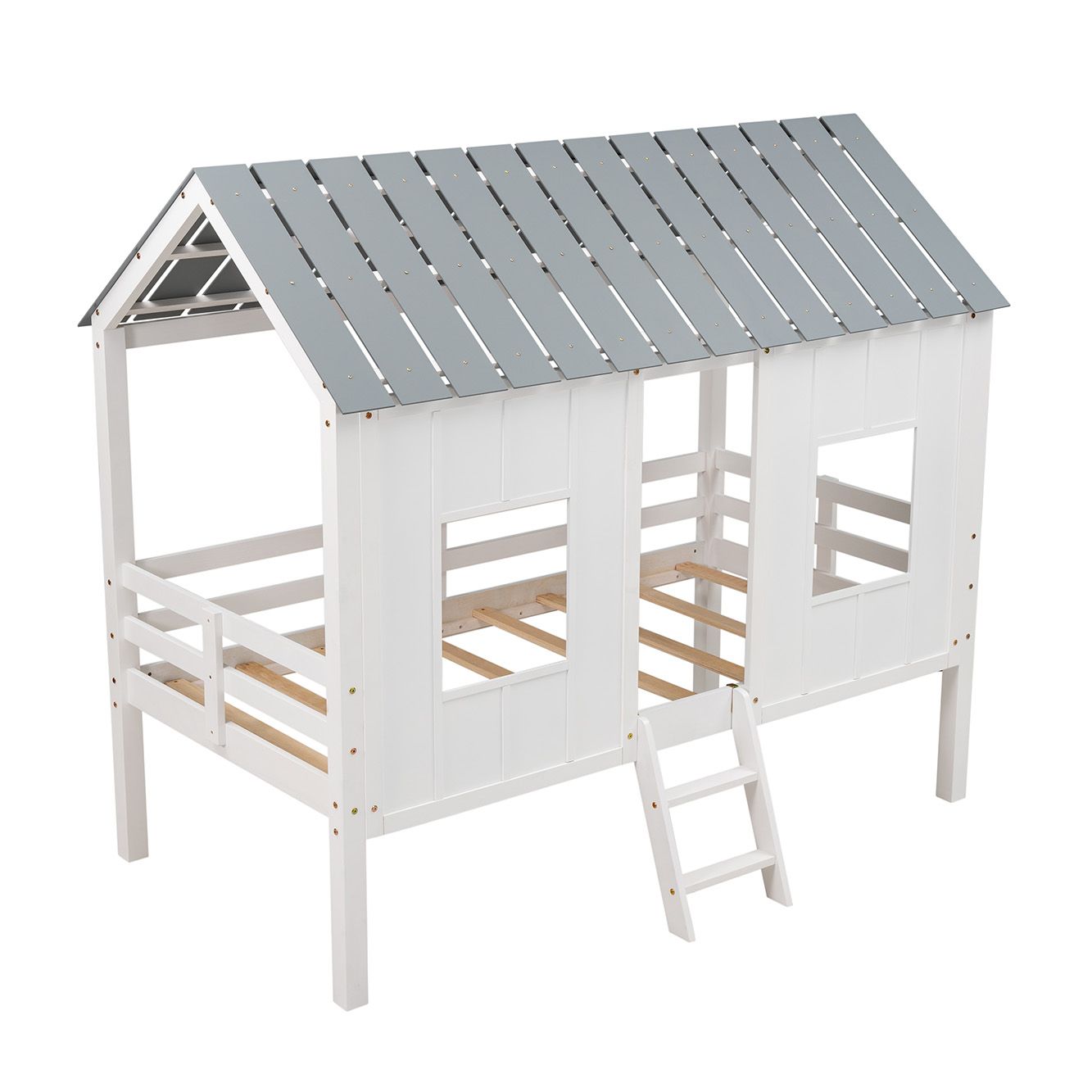 House-Style Twin Low Loft Wood Bed with Roof and Two Front Windows, White | Just Better Bunk Beds