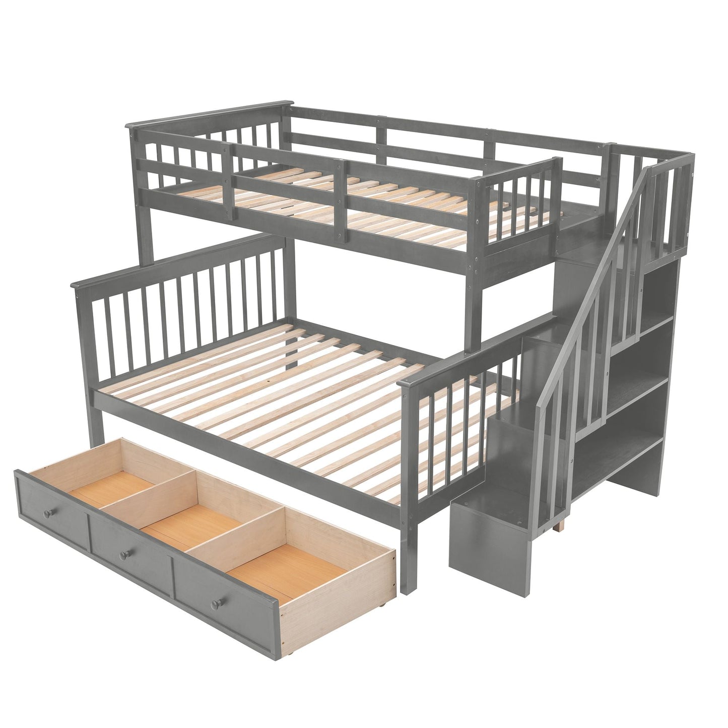 Staircase Storage Twin Over Full Wood Bunk Bed with Drawer, Storage, and Guard Rail, Gray | Just Better Bunk Beds