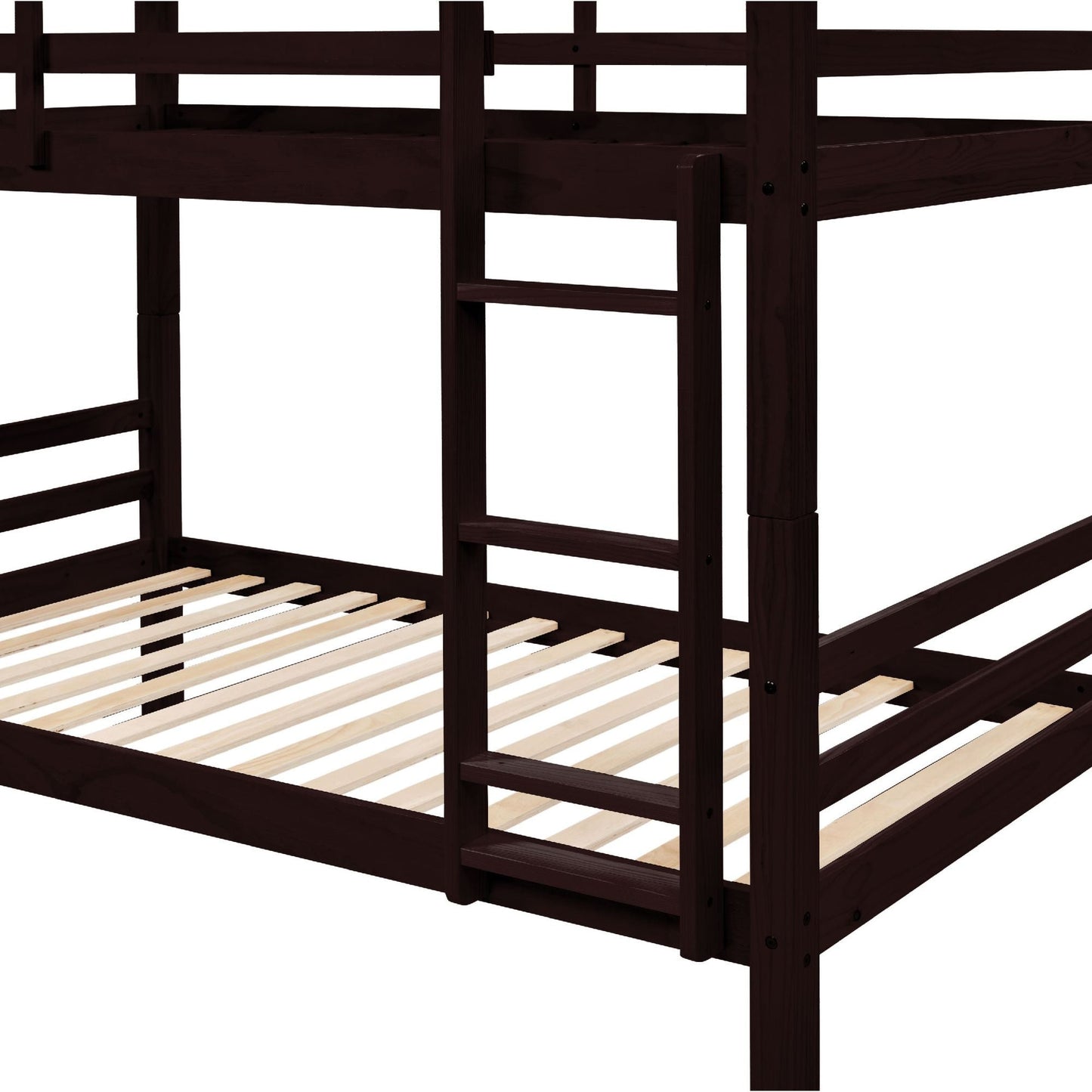 Heavy-Duty Twin Over Twin Wood Bunk Bed, Espresso with Thick Posts, Ladder, and High Guardrail | Just Better Bunk Beds