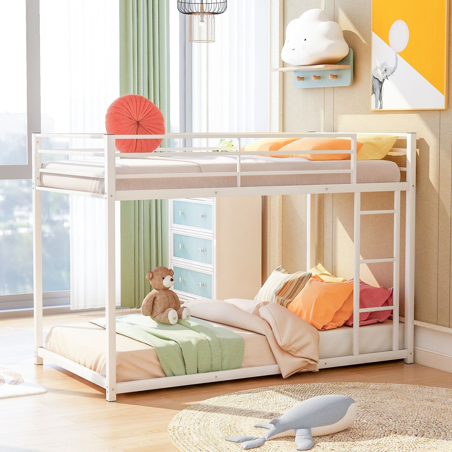 Low Profile Twin Over Twin Metal Bunk Bed with Ladder, White | Just Better Bunk Beds