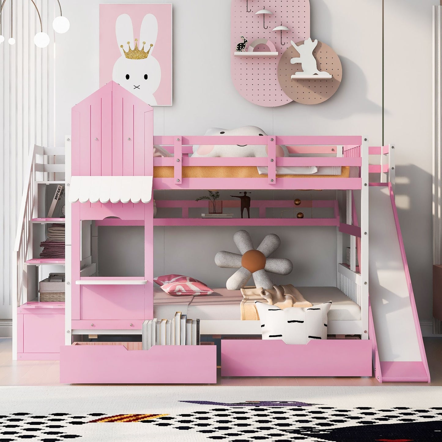House-Style Full Over Full Wood Castle Bunk Bed with Drawers, Shelves, and Slide, Pink | Just Better Bunk Beds