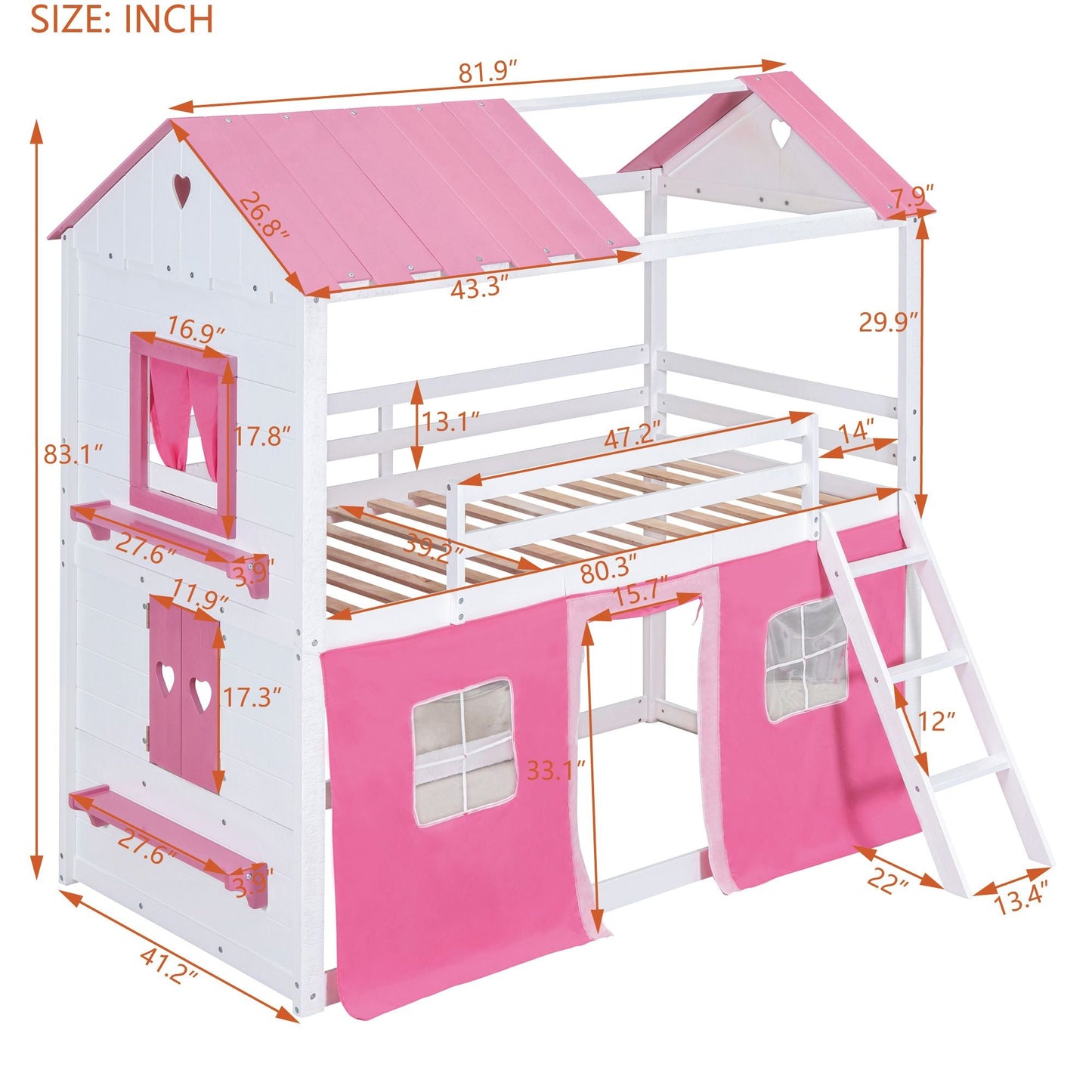 Kids Bedroom Twin Wood House-Style Bunk Bed with Elegant Windows, Sills and Tent, Pink and White | Just Better Bunk Beds
