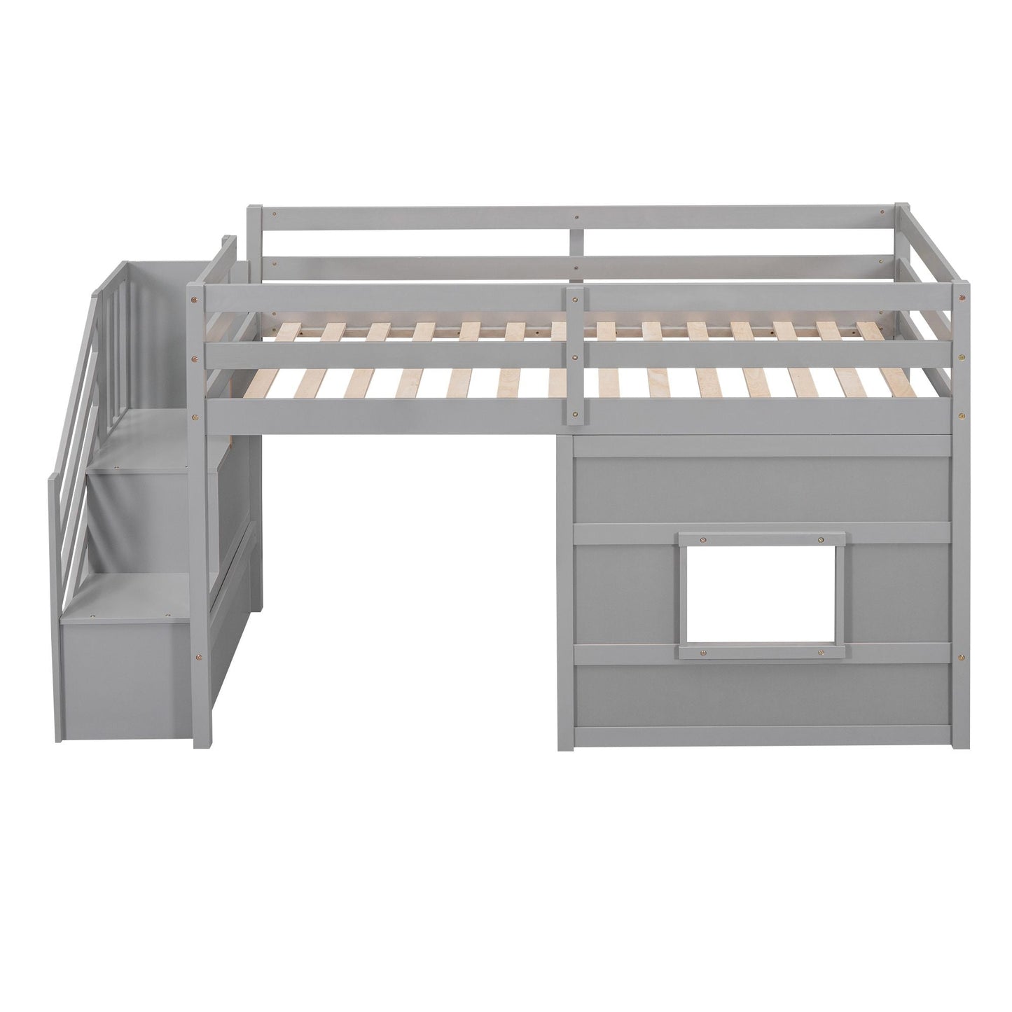 Space-Saving Twin Loft Wood Bed with Storage Staircase and Window, White | Just Better Bunk Beds