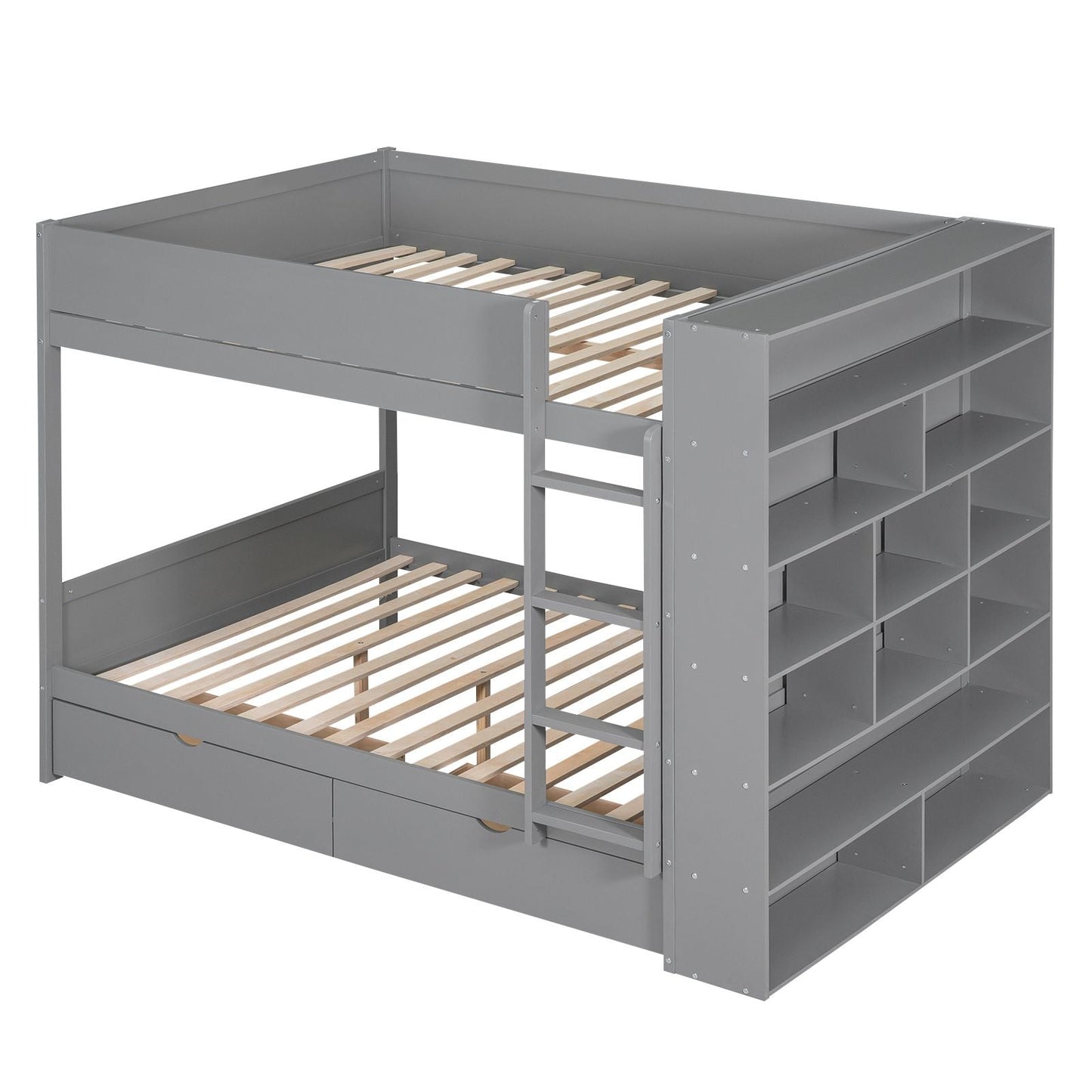 Storage Full Over Full Wood Bunk Bed with 2 Drawers and Multi-Layer Cabinet, Gray | Just Better Bunk Beds