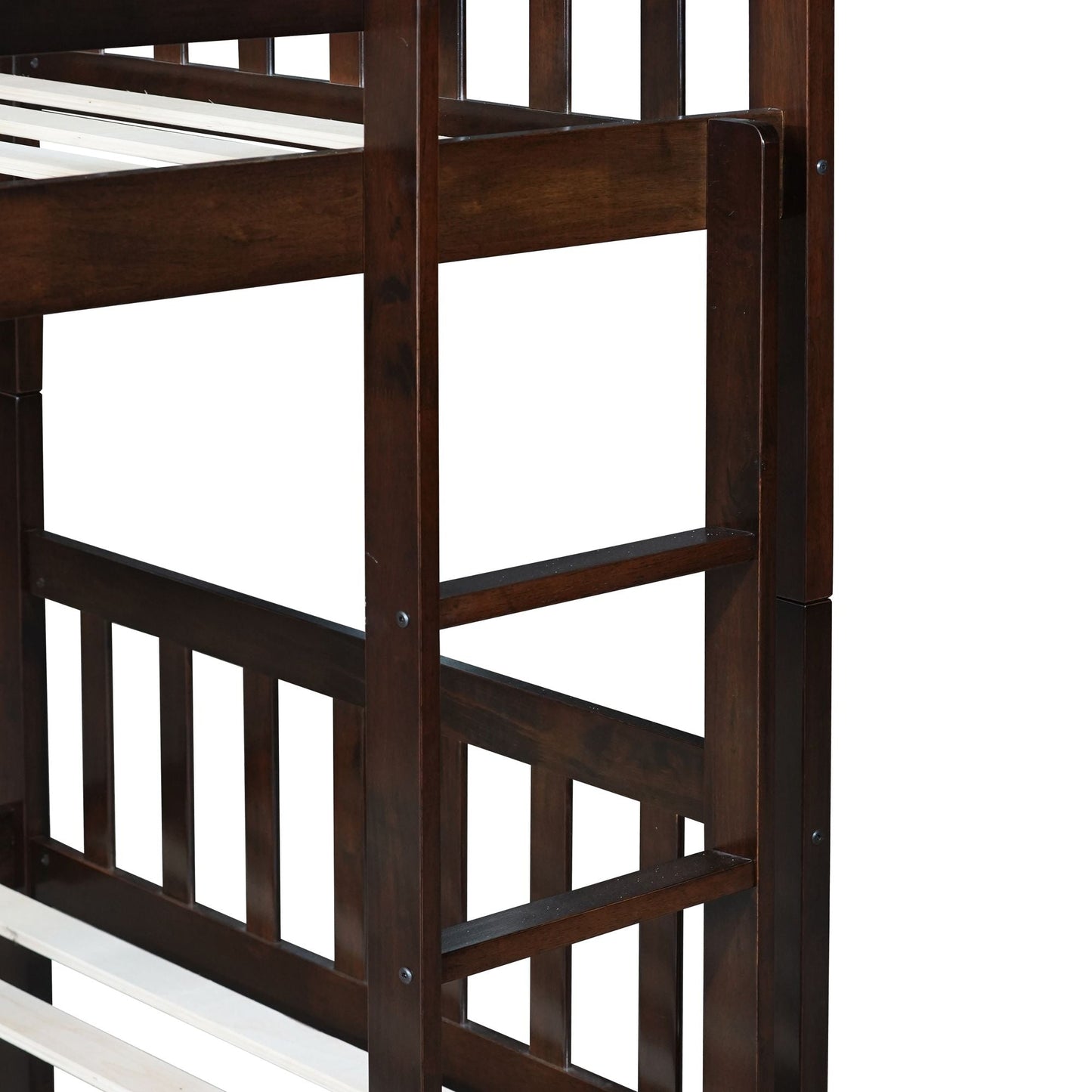 Convertible Twin Over Twin Rubber Wood Bunk Bed with Trundle, Ladder and Safety Guardrails, Espresso | Just Better Bunk Beds