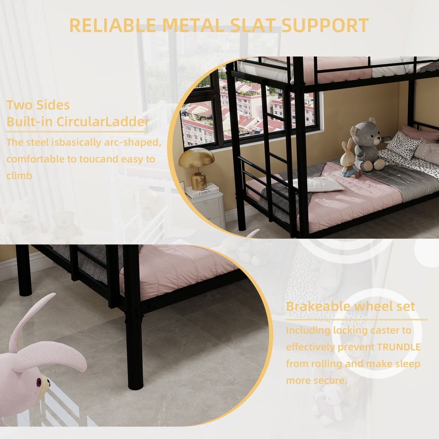 Shared Room Solution Twin Over Twin Metal Bunk Bed with Ladder and Guardrail, Convertible, Metal | Just Better Bunk Beds