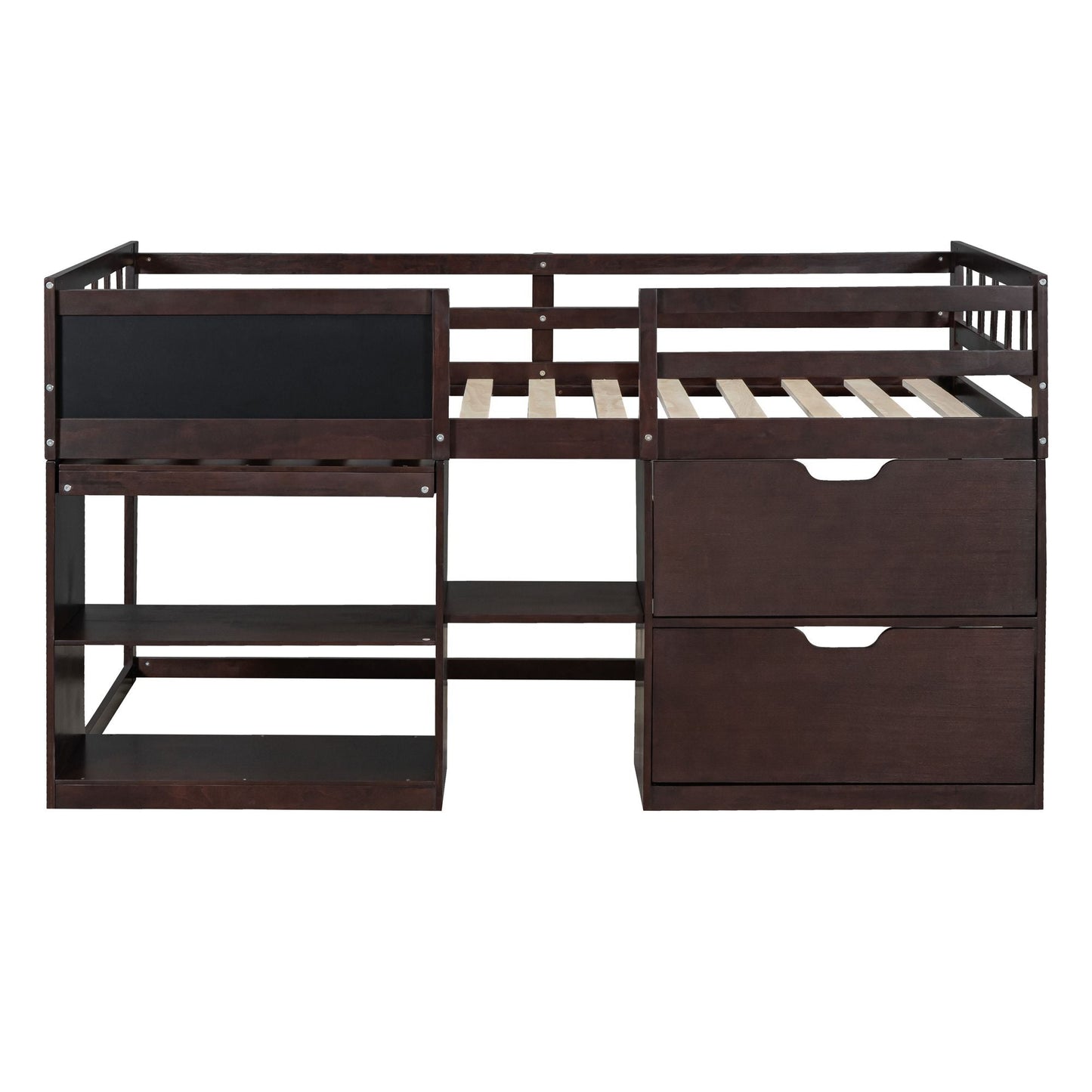 Space-Saving Twin Low Loft Wood Bed with Rolling Desk, Shelf, Drawers, White | Just Better Bunk Beds