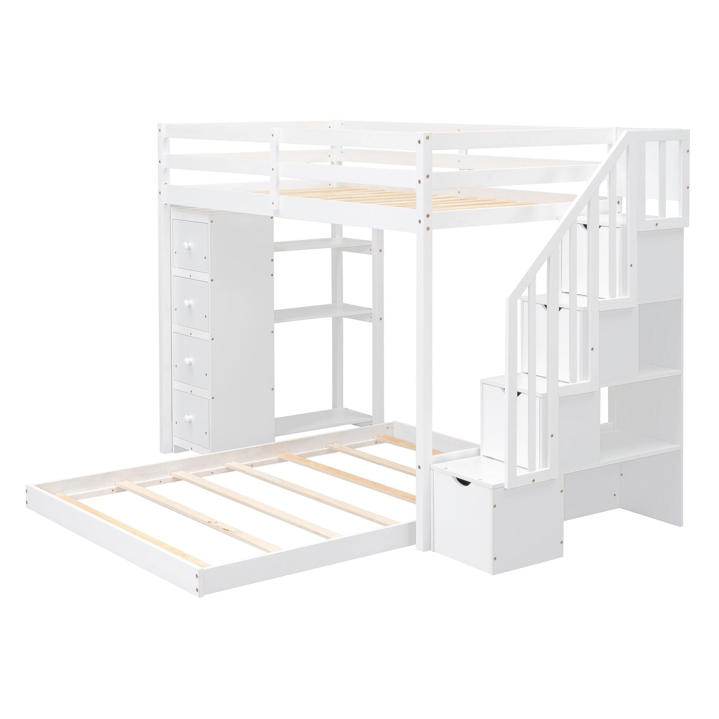 Storage Staircase Twin Over Full Wood Bunk Bed with 3-Layer Shelves and Drawers, White | Just Better Bunk Beds
