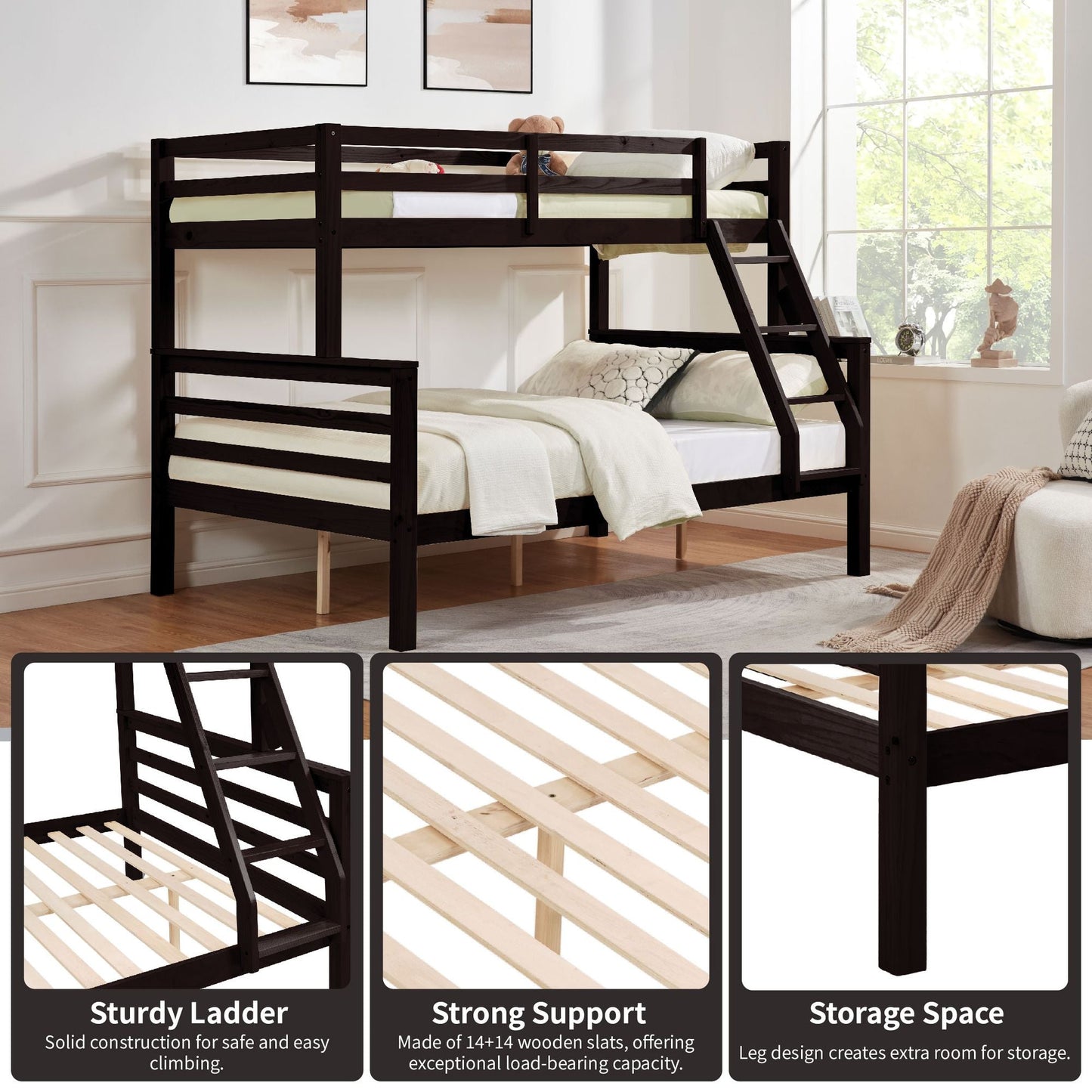 Durable Twin Over Full Wood Bunk Bed with Thick Posts, High Guardrail, Ladder, Espresso | Just Better Bunk Beds