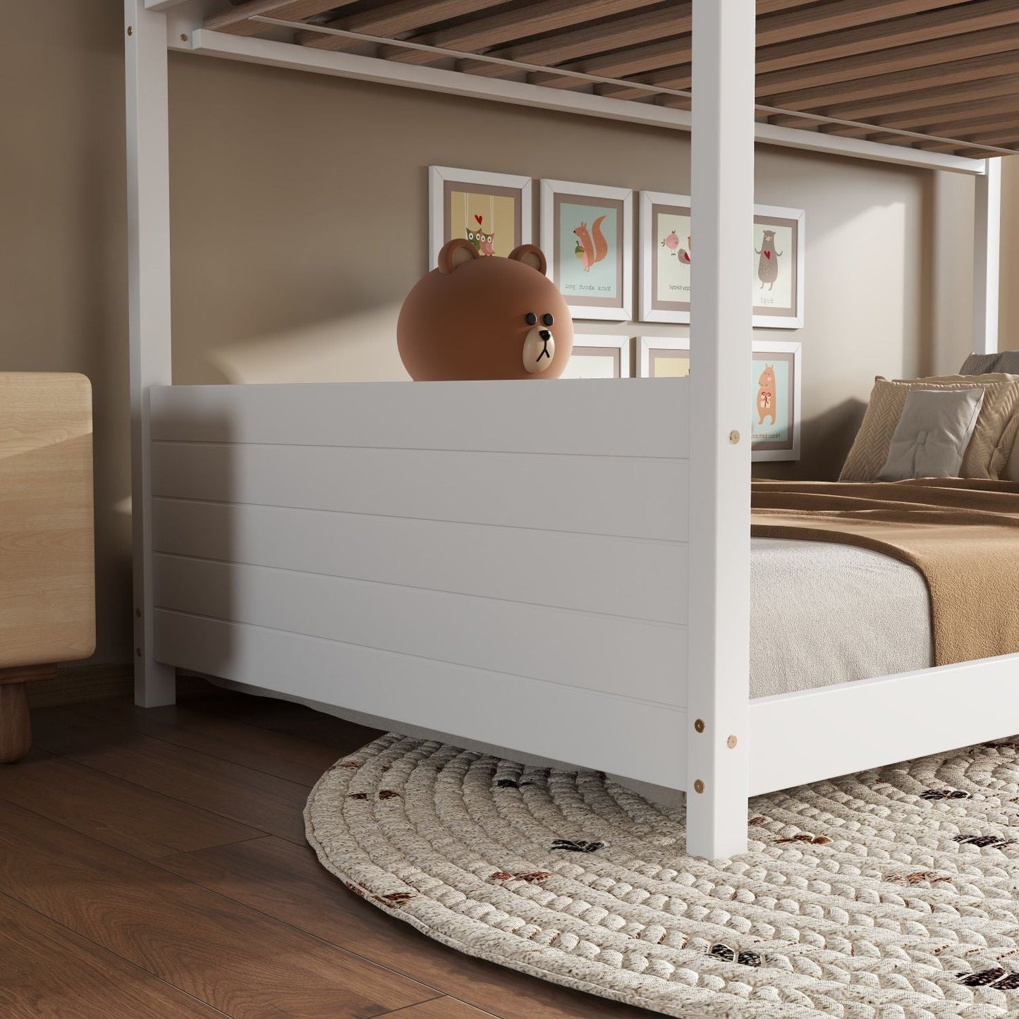 Twin Over Twin House Floor Bunk Bed with Headboards,  Footboards and Guardrails,  Ladder,  Rubber Wood Bunk Bed with Safety Guardrails, White