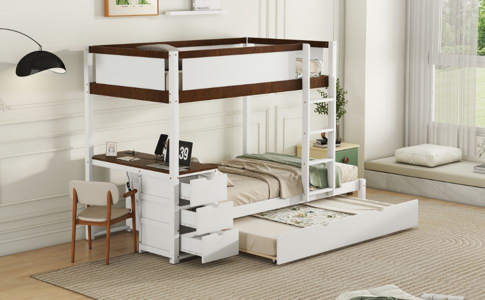 Multi-Functional Twin Over Twin Wood Bunk Bed with Trundle, Storage and Desk, White Walnut | Just Better Bunk Beds