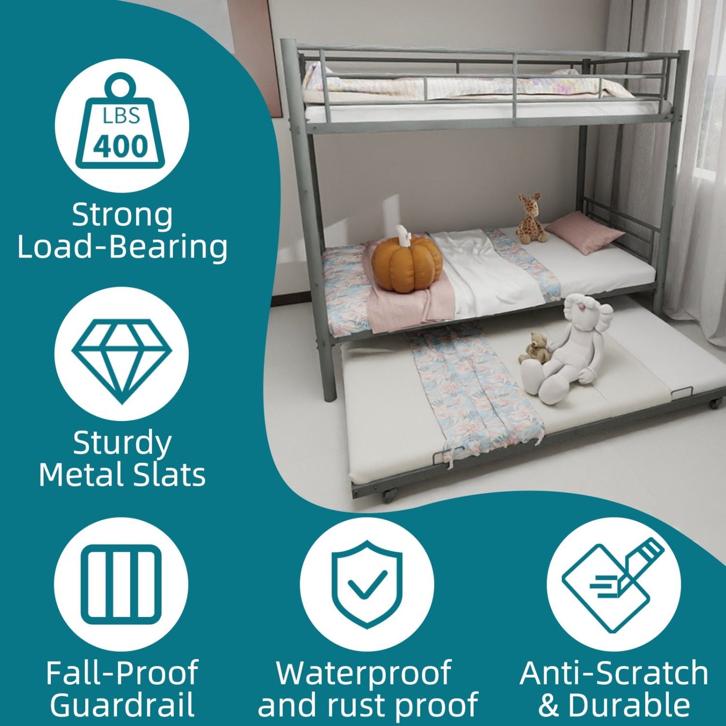 Heavy-Duty Twin Over Twin Wood Bunk Bed with Safety Guardrail, Noise Reduced, Silver | Just Better Bunk Beds